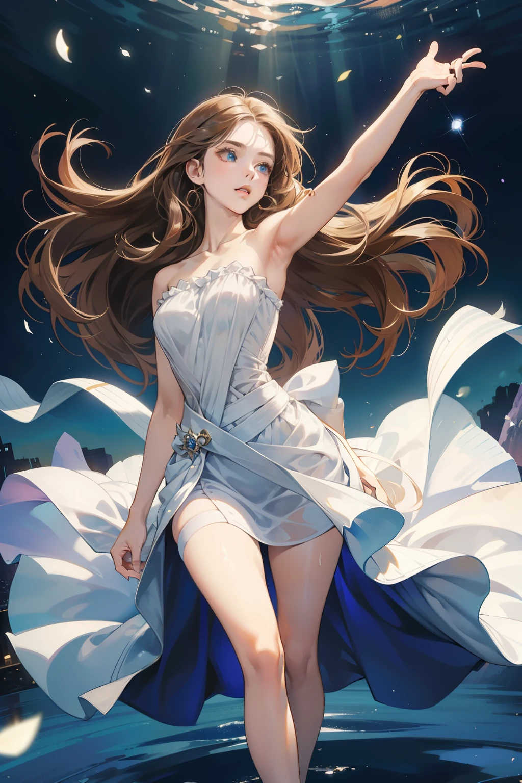(Young woman: 1.65m, 18 years old, lean figure: 1.55, graceful physique: 1.6, youthful glow),
(Long hair: 1.508m), flowing and bouncy, wavy texture,
(Dress: 1.508, white, sleeveless, strapless),
straight cut, falls just above the knees,
(Solo: 1.508), standing confidently, pose radiant,
(Blue eyes: 1.508, expressive, full of life),
(Brown hair: 1.508, long