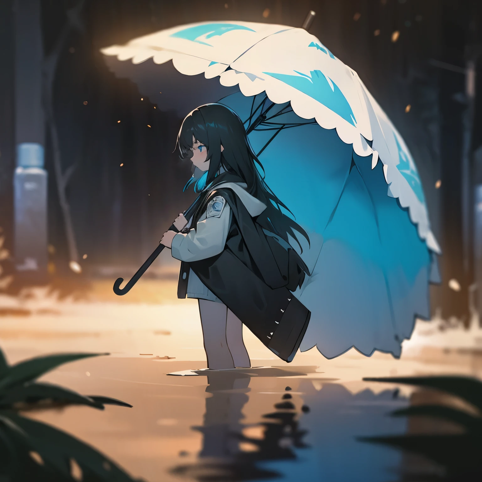 rain，Foggy days，a girl，long black hair，blue eyes，shed tears，profile，wet，Umbrella falls to the ground，best quality，ultra high resolution，