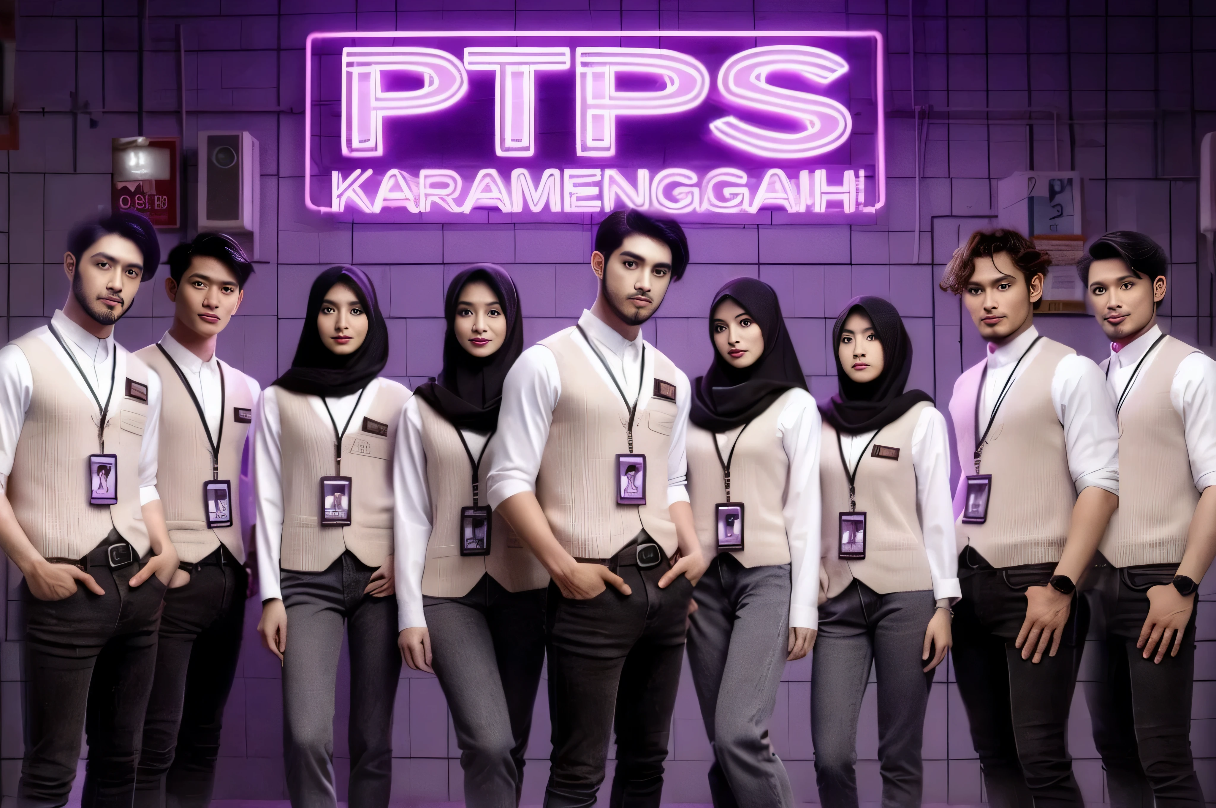 a group of people standing in front of a purple neon sign, official poster, official, movie promotional image, fanart, tv show still, promotional picture, tv series, movie promo, tv program, official fanart, jk uniform, ps, portrait shot, promotional art, tv show, tpose, tv still, promo poster, random and dramatic scene, television show