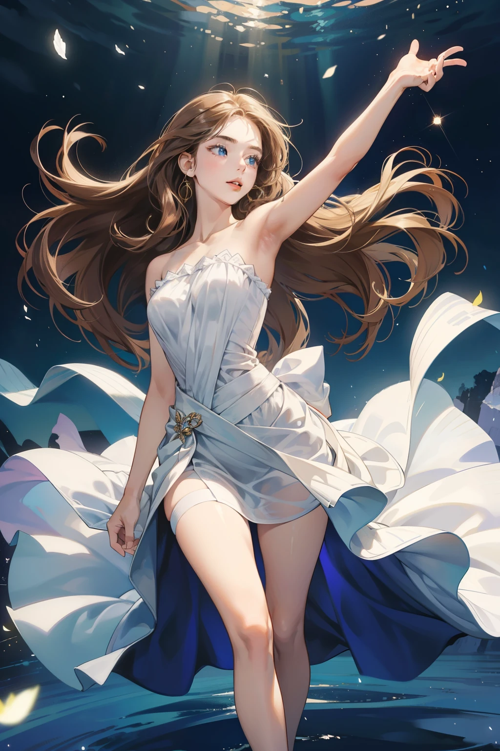 (Young woman: 1.65m, 18 years old, lean figure: 1.55, graceful physique: 1.6, youthful glow),
(Long hair: 1.508m), flowing and bouncy, wavy texture,
(Dress: 1.508, white, sleeveless, strapless),
straight cut, falls just above the knees,
(Solo: 1.508), standing confidently, pose radiant,
(Blue eyes: 1.508, expressive, full of life),
(Brown hair: 1.508, long