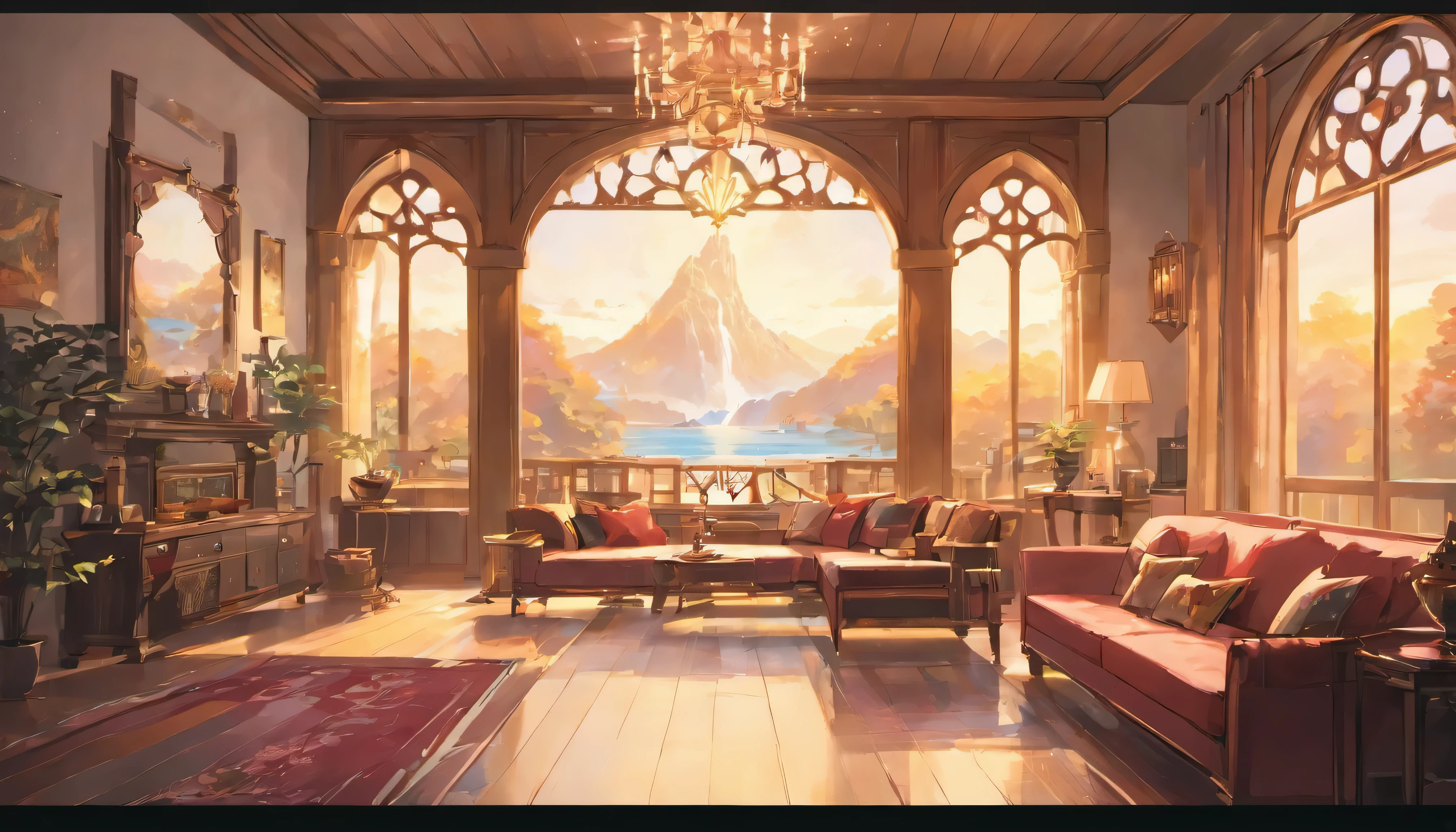 Modern mansion living room overlooking a beautiful waterfall scenery, interior, living room, fireplace, cozy, luxury, pastel colors, natural interior lighting, fantasy style, serene ambiance, peaceful retreat