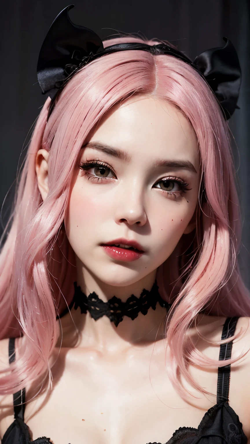 (a:1.1 girl:1.1) with (pink hair), inspired by (Belle Delphine), (vampire), (portrait), [detailed features], (best quality:1.2), [subtle lighting], (vivid colors), (gothic style)