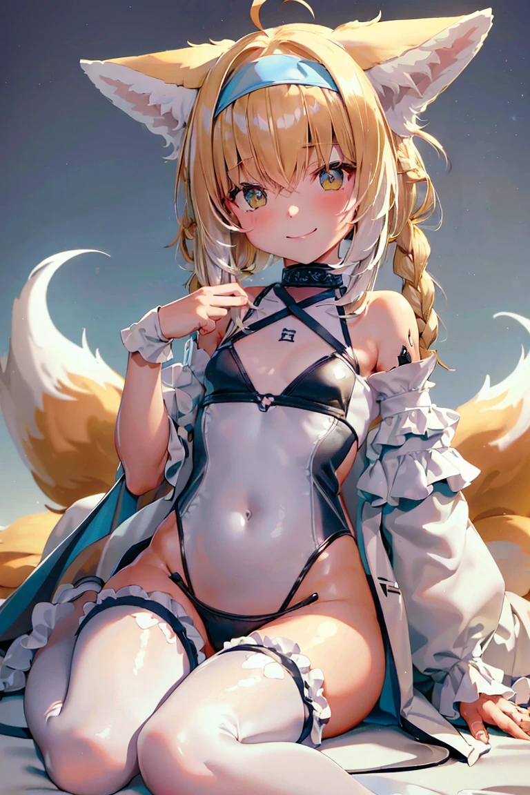 ((hyper super ultra detailed perfect piece)), (extremely detailed CG 8k), an extremely cute girl, painting, pop art, (anime, anime coloring), mesugaki, young cheeky girl, mischievous expression, confident smile, grin, cat pose, bottomless, on bed, paw pose, highlights in eyes, (long hair:1.3), (toddler), (flat chest:1.4), (solo:1.3), (1 girl:1.3), (perfect anatomy:1.2), (whiteSlimeAI:1.2), fox_ears, animal_ears, blonde_hair, bangs, fox_girl, green_eyes, hairband, animal_ear_fluff, fox_tail, tail, blue_hairband, multicolored_hair, multiple_tails, white_hair, braid, hair_rings, smile, infection_monitor_\(arknights\), kitsune, upper_body, blush, hair_between_eyes,