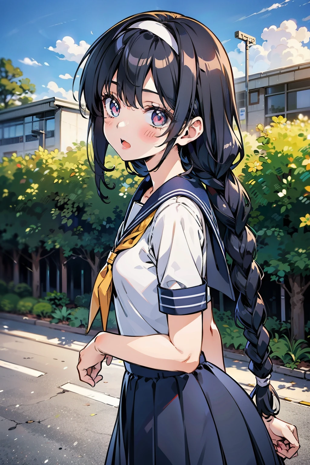 Body 8 times longer than head, (High-definition CG Unity 8K), (highest quality)，(very detailed)，(ultra high resolution), black hair, High school girl wearing a navy sailor suit, anime 2d rendering, realistic young anime , ((white headband)), small breasts, tall, slanted eyes, (school scenery), black stockings, during the day, open your mouth a little, Dark blue skirt, braid hair,  Skip, 