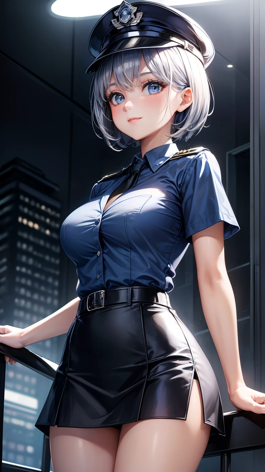 highest quality, masterpiece, 1 girl, light smile, dramatic lighting, from below、police uniform、Light blue short-sleeved shirt、black tie、Police Officer Cap、navy blue mini skirt、cleavage、silver short hair、Miniskirt Police、Skyscrapers