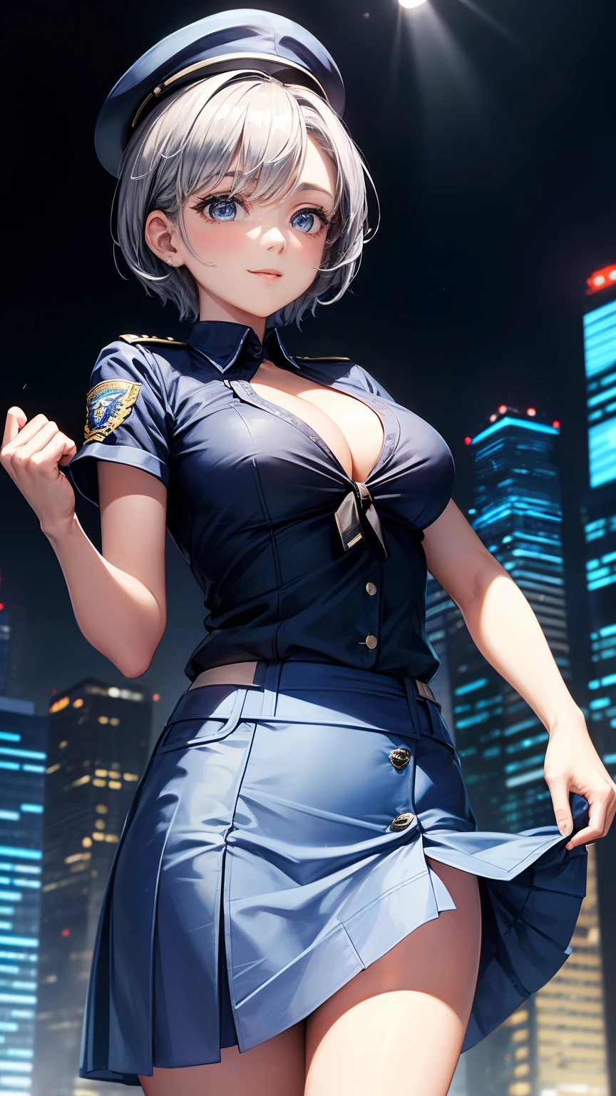 highest quality, masterpiece, 1 girl, light smile, dramatic lighting, from below、police uniform、Light blue short-sleeved shirt、black tie、Police Officer Cap、navy blue mini skirt、cleavage、silver short hair、Miniskirt Police、Skyscrapers