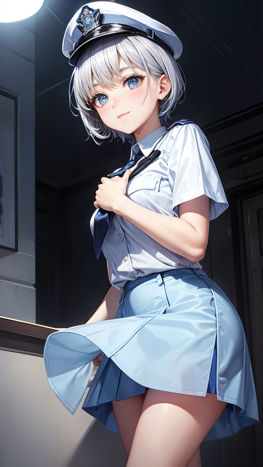 highest quality, masterpiece,  1 girl, light smile, dramatic lighting, from below、police uniform、Light blue short-sleeved shirt、black tie、Police Officer Cap、navy blue mini skirt、cleavage、silver short hair、Miniskirt Police、Skyscrapers