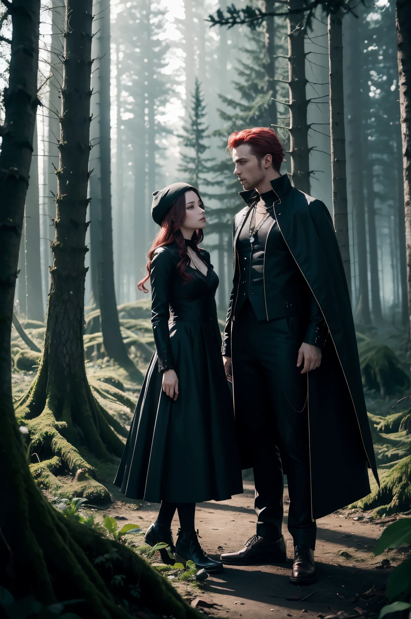 About exciting, photorealistic dark fantasy scene, portray a young vampire and her companion, young guy with red hair, full length and far away.
The stage is flooded with a mysterious light, and details are drawn with unprecedented clarity, using double exposure technique. womanly, but the dark color palette harmoniously combines unearthly beauty and mesmerizing horror. The environment is thought out to the smallest detail, its clear contours emphasize the grandeur and atmosphere of admiration. Style - realism, and the combination of artistic techniques must be impeccably smooth and seamless.. Rendering - high quality, in Octane style. Permit - 32k.
The action takes place in a magical forest., which glows thanks to the magical plants growing in it. Under the night starry sky, the vampire and her companion are resting.
The vampire is wearing a long blue dress with lace and a high collar... A necklace of precious stones sparkles around her neck.. Her hair is down and fluttering in the wind. The guy is wearing a dark jacket and trousers.. Knitted hat on head.. His hair is short and red.
The magical forest is filled with an atmosphere of mystery and magic.. Trees are tall and slender, their crowns are decorated with luminous flowers. Mosses and lichens grow on the ground, which also glow in the dark. The starry sky is bright and twinkling.
This scene creates a feeling of calm and tranquility.. The vampire and her companion are relaxing in this magical place, enjoying friend улудшить лицо
