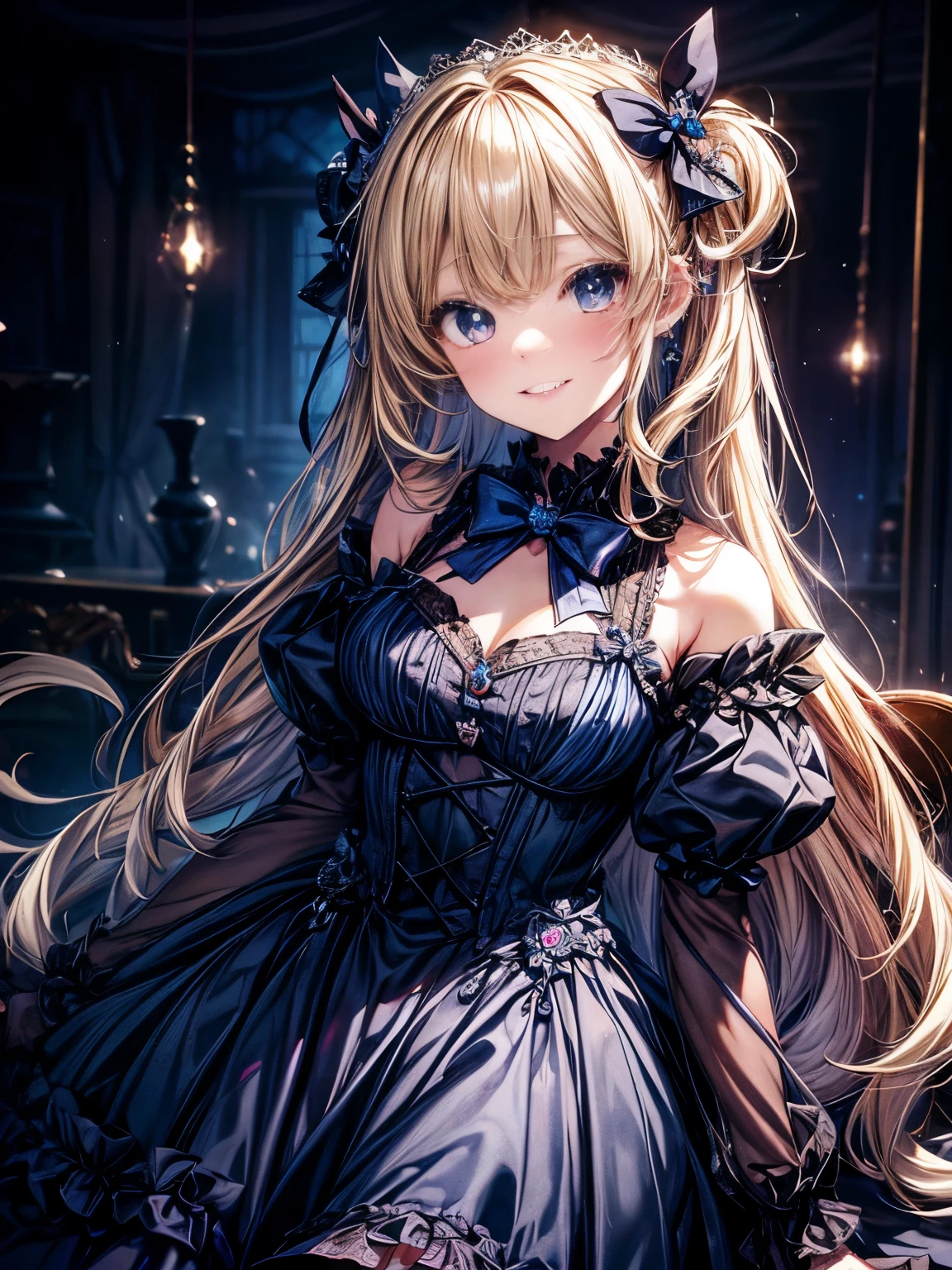 prompt: 8K resolution, delicate features, , single, Unique pupils, A smiling smile, blonde, princess cut, Bow hair ornament, brooch, Glossy dark blue dress, ta style, gothic style, facing the viewer, Otaku Room, Female imps