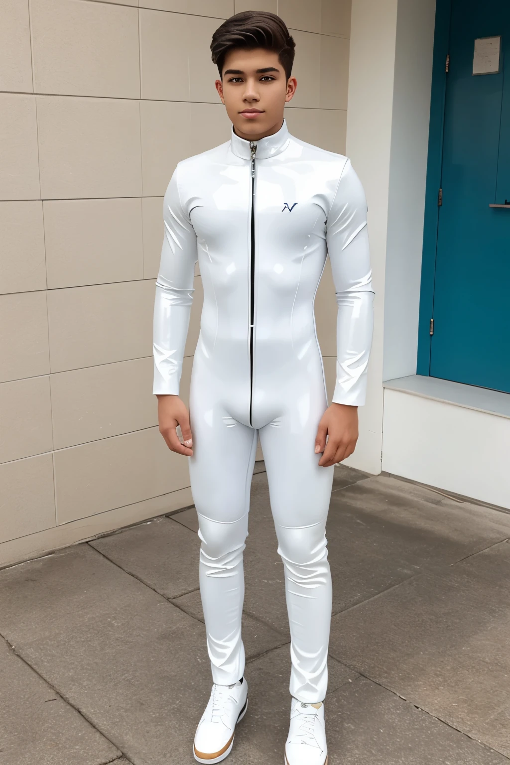 A high school boy wearing white latex catsuit