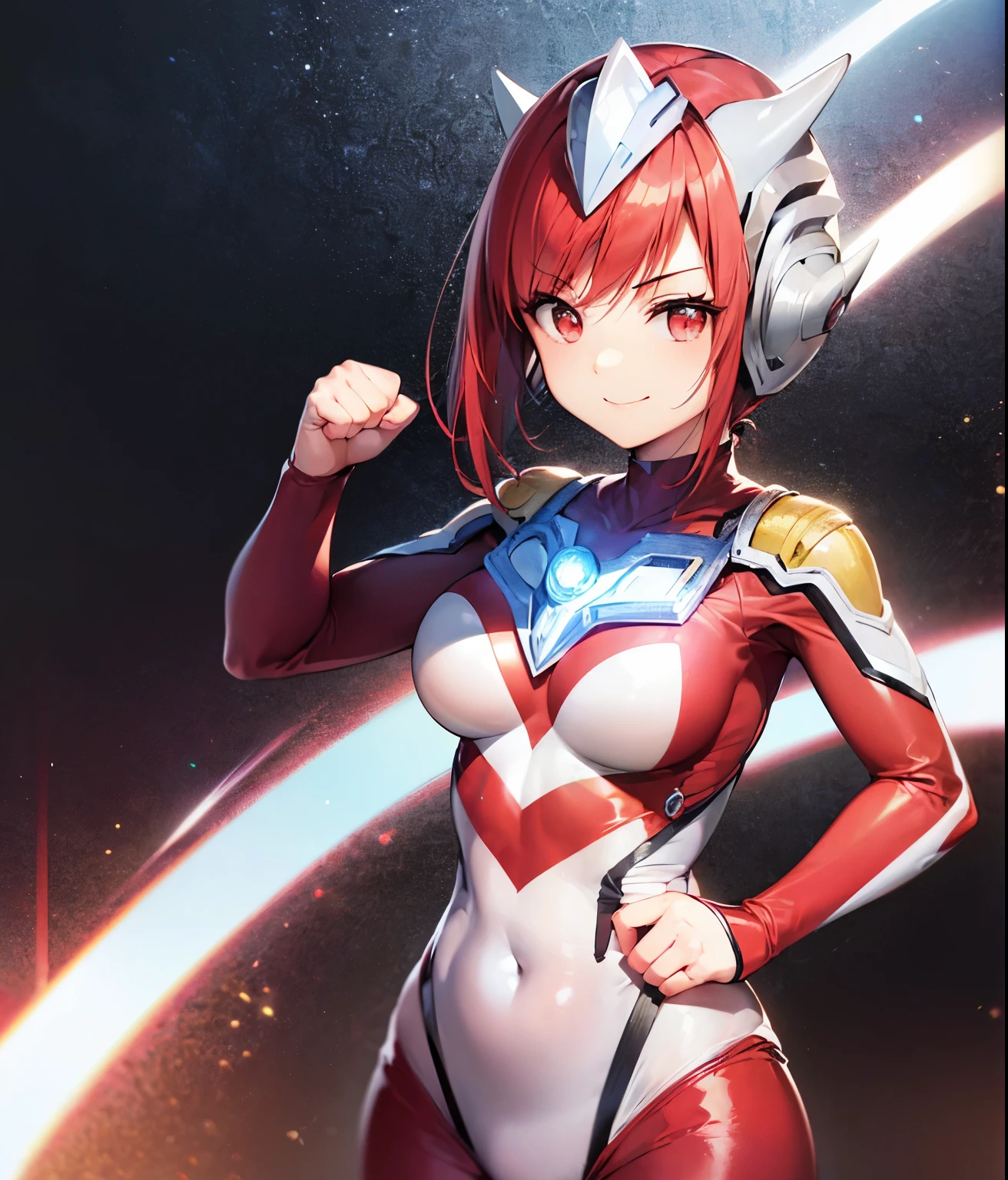 Highest image quality,8K beautiful detailed ****ung girl,(bright red hair:1.5),short bob,red eyes, (Ultra Girl :1.0), (silver and red ultraman bodysuit:1.4),big breasts,(Put your hands on your hips:1.2),(fist:1.2),smile,Upper body