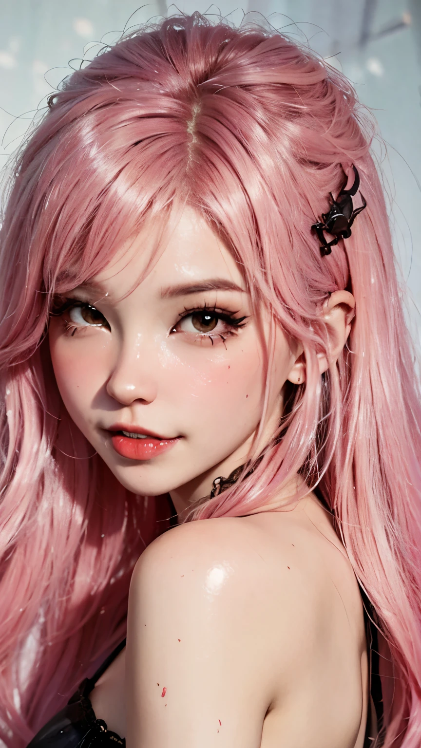 (a:1.1 girl:1.1) with (pink hair), inspired by (Belle Delphine), (vampire), (portrait), [detailed features], (best quality:1.2), [subtle lighting], (vivid colors), (gothic style)