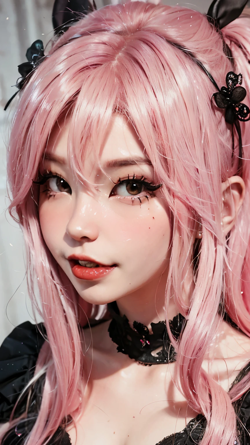 (a:1.1 girl:1.1) with (pink hair), inspired by (Belle Delphine), (vampire), (portrait), [detailed features], (best quality:1.2), [subtle lighting], (vivid colors), (gothic style)