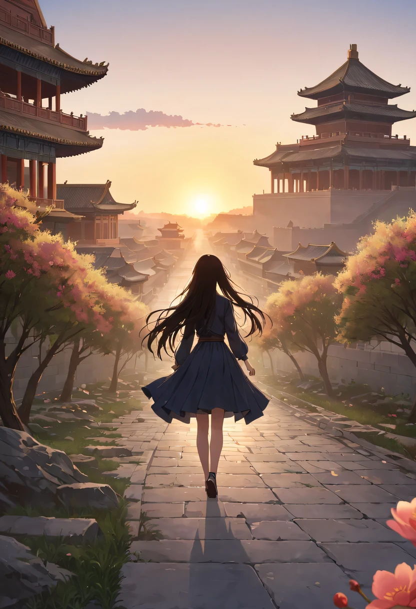 (best quality,4K,8k,high resolution,masterpiece:1.2),Super detailed,(actual,photoactual,photo-actual:1.37),portrait,Beautiful and delicate eyes,Beautiful and delicate lips,Extremely detailed eyes and face,long eyelashes,Styling poses,ancient city houses,flowing hair,Looking at the distant skyline,the setting sun illuminates the ancient the forbidden city,Create a beautiful scenery,The wind blows the girl&#39;s hair in the ancient city,the forbidden city,Sunset,sunset,Colorful clouds,falling petals,ancient city,Bare trees,mottled,an overgrown,quiet and desolate,contour,backlight,Contrast between light and shadow,haze,Cinema lighting,film grain