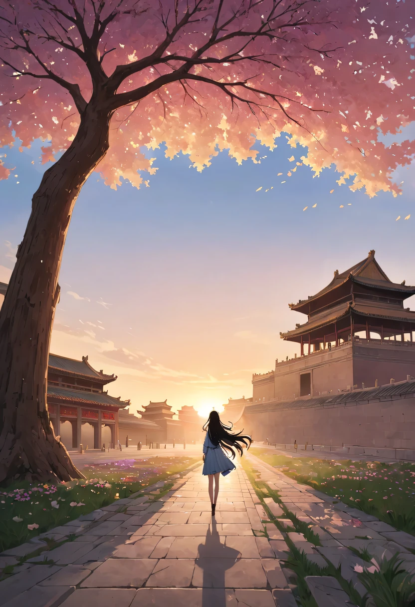 (masterpiece, top quality, best quality, official art, Beautiful and beautiful:1.2), contour,1 girl,模特拍照姿势站在ancient city房屋的顶端,flowing long hair,Gaze at the distant skyline,那Sunset余晖与古老的the forbidden city映造出一道美丽的风景,west wind blows girl'Long hair on the ancient road,the forbidden city,Sunset,Sunset,cloud,fallen flowers,ancient city,dead tree,mottled,grassland,Silent and desolate,