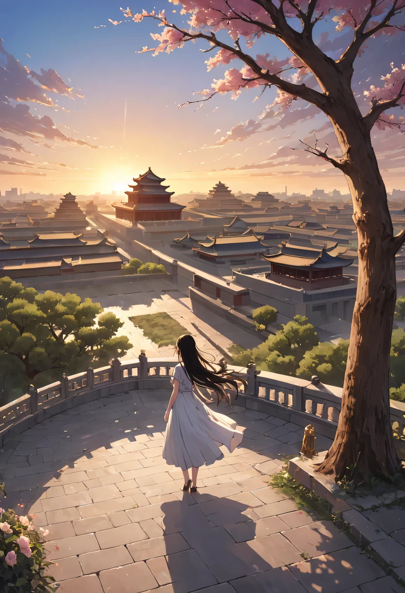 (best quality,4K,8k,high resolution,masterpiece:1.2),Super detailed,(actual,photoactual,photo-actual:1.37),portrait,Beautiful and delicate eyes,Beautiful and delicate lips,Extremely detailed eyes and face,long eyelashes,Styling poses,ancient city houses,flowing hair,Looking at the distant skyline,the setting sun illuminates the ancient the forbidden city,Create a beautiful scenery,The wind blows the girl&#39;s hair in the ancient city,the forbidden city,Sunset,sunset,Colorful clouds,falling petals,ancient city,Bare trees,mottled,an overgrown,quiet and desolate,contour,backlight,Contrast between light and shadow,haze,Cinema lighting,film grain