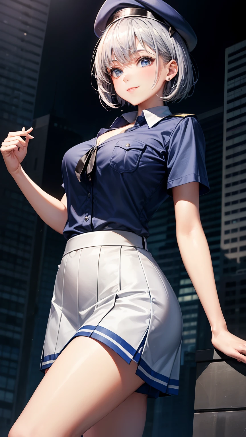 highest quality, masterpiece, 1 girl, light smile, dramatic lighting, from below、police uniform、Light blue short-sleeved shirt、black tie、Police Officer Cap、navy blue mini skirt、cleavage、silver short hair、Miniskirt Police、Skyscrapers