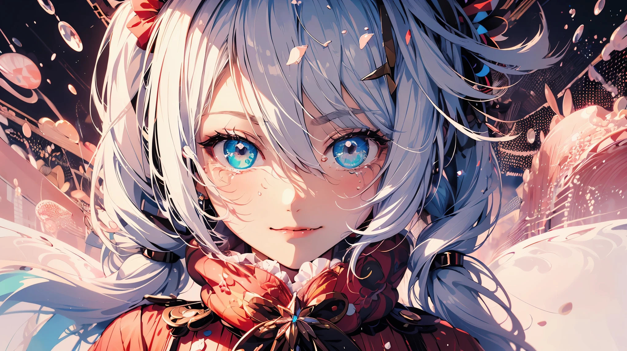 hair bobbles, wince, long eyelashes, solid circle eyes, light smile, ear blush, fang, (((white hair))), makeup, blush, sad, sad smile, anaglyph, atmospheric perspective, 8k, super detail, accurate, best quality, glow lighting, masterpiece,1girll, ((((short twintails)))), Colorful hair, flying, pink bows,((-yeld fee model)), (angel halo) , (((close-up))), eye level shot, (((lolita dress))), (((wide shot))), ((((( color splash ))))),(((solo))))
