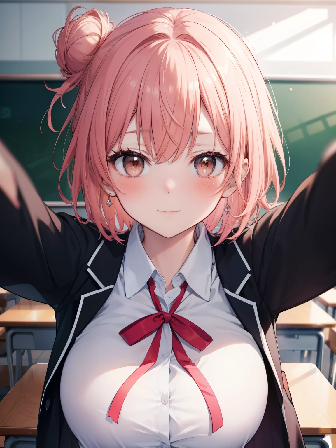 Yuigahama Yui, short hair, (brown eyes), Pink hair),  single bun hair, 
1girl,  shirt, ribbon, school uniform, Jacket, white shirt, black Jacket, blazer, sobu high school uniform, 

looking at viewer, 
(masterpiece:1.2), highest quality, High resolution, unity 8k wallpaper,  (beautiful and fine eyes), highly detailed face, perfect lighting, Very detailed CG, (perfect hands, perfect anatomy),

(blush:1.2), smile, 
(big breasts), 
classroom, 
upper body, 
incoming hug kiss, 
from above, 