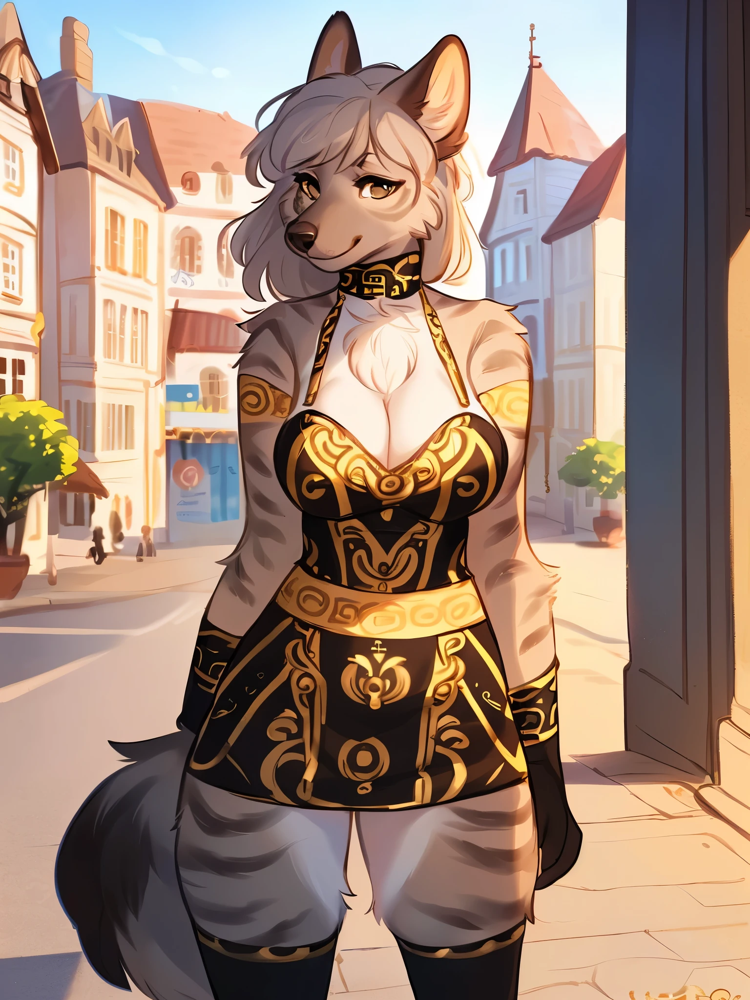 by bebebebebe, by lostgoose, by mellonbun, by spuydjeks, solo, female, standing, ((snout, hair, hair, canine, grey striped hyena)), detailed eyes, german city, ((designer clothes, versace, cleavage)), turtleneck