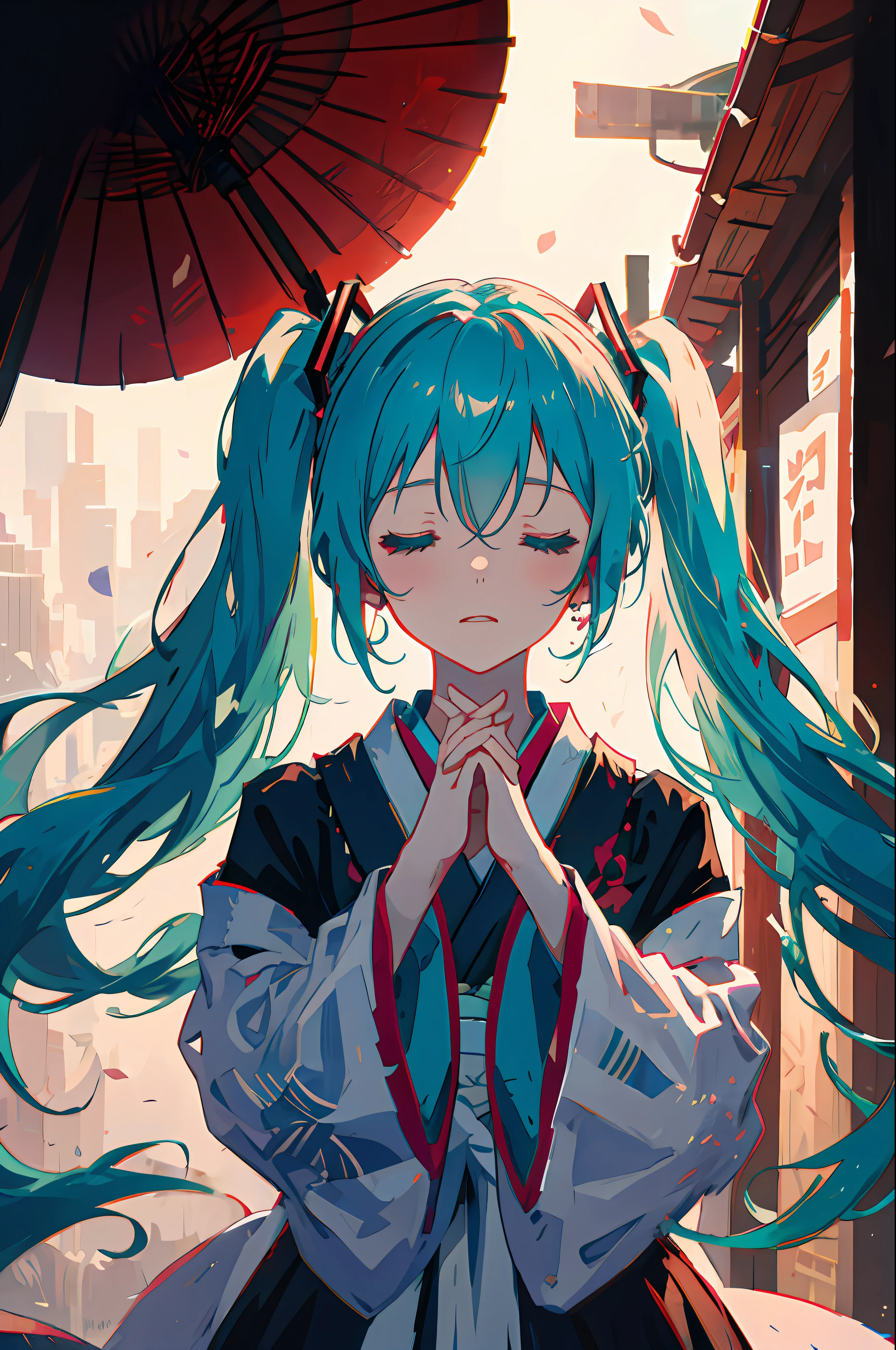 hatsune miku, masterpiece, absurdres, upper body, clenched hands, frustrated, closed eyes, simple background, Japanese clothes, kimono, pov, pov hands,