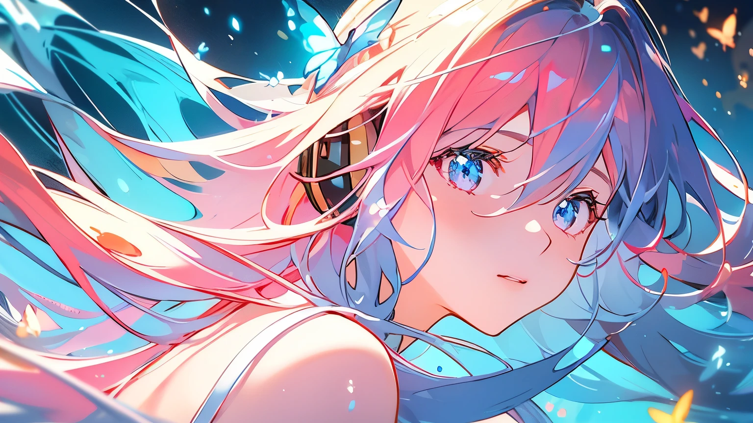 1girl,1headphone,alone,single,solo,only one,one character,(((Personage as the main perspective))),(((character in the middle))),((masterpiece)),((best quality)),(ultra-detailed),(illustration),clear-cut margin,alphonse mucha,extremely detailed CG unity 8k wallpaper,((an extremely delicate and beautiful)),(dynamic angle),An enchanted forest at night illuminated by glowing mushrooms,((Tyndall effect)),(Fluorescent mushroom forests background),1girl,(arms behind back),(beautiful detailed eyes),cute pink eyes,golden pupil,detailed face,upper body,white dress,messy floating pink hair,disheveled hair,focus,(beautiful water),river,flying butterfly,sunlight,shine,chiaroscuro,ray_tracing,(painting),[[[[[[8 k artistic photography]]]]]],