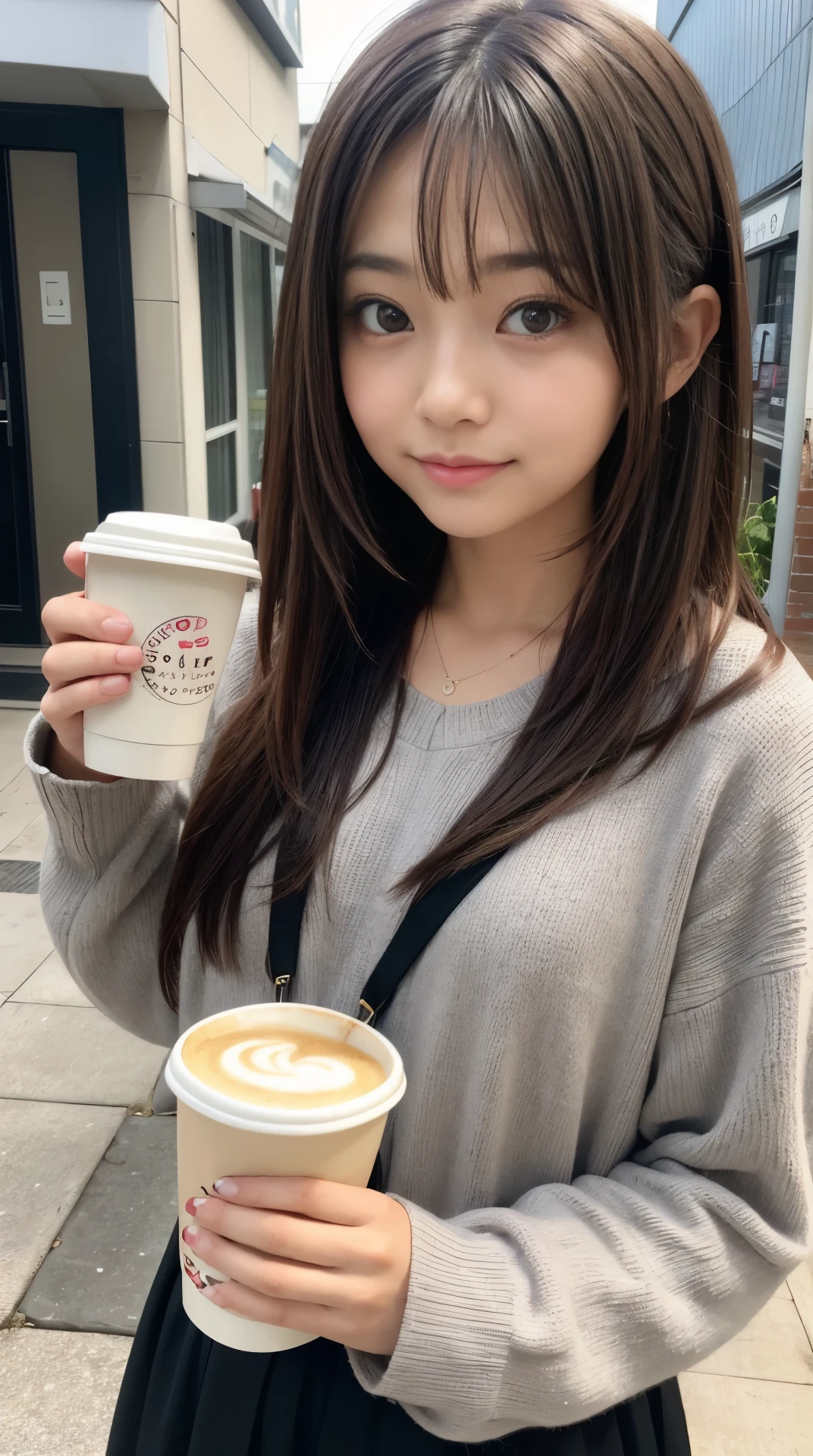 There is a young girl holding coffee in her hand, Cute girl - well-groomed face, cute natural anime face, cute - well-groomed - face, sakimi chan, Chiho, Yoshitomo Nara, Young and cute face, beautiful japanese girl face, brown hair and large eyes, Cute Pretty Girl, beautiful light big eyes