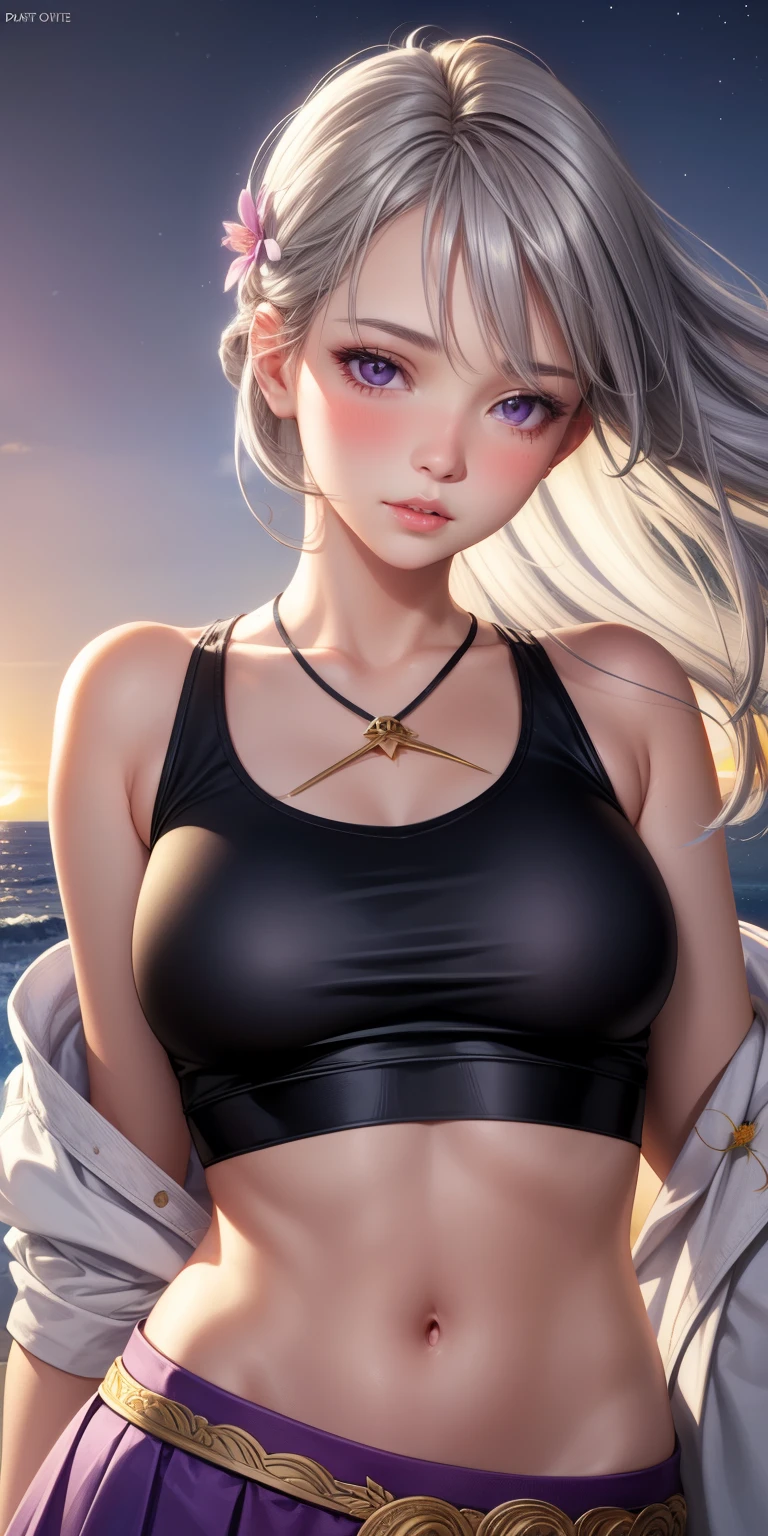 realistic, 1 girl, gray hair, purple eyes, shining eyes, crop top, skirt, parted lips, blush, night, flowers, sun, sunlight,