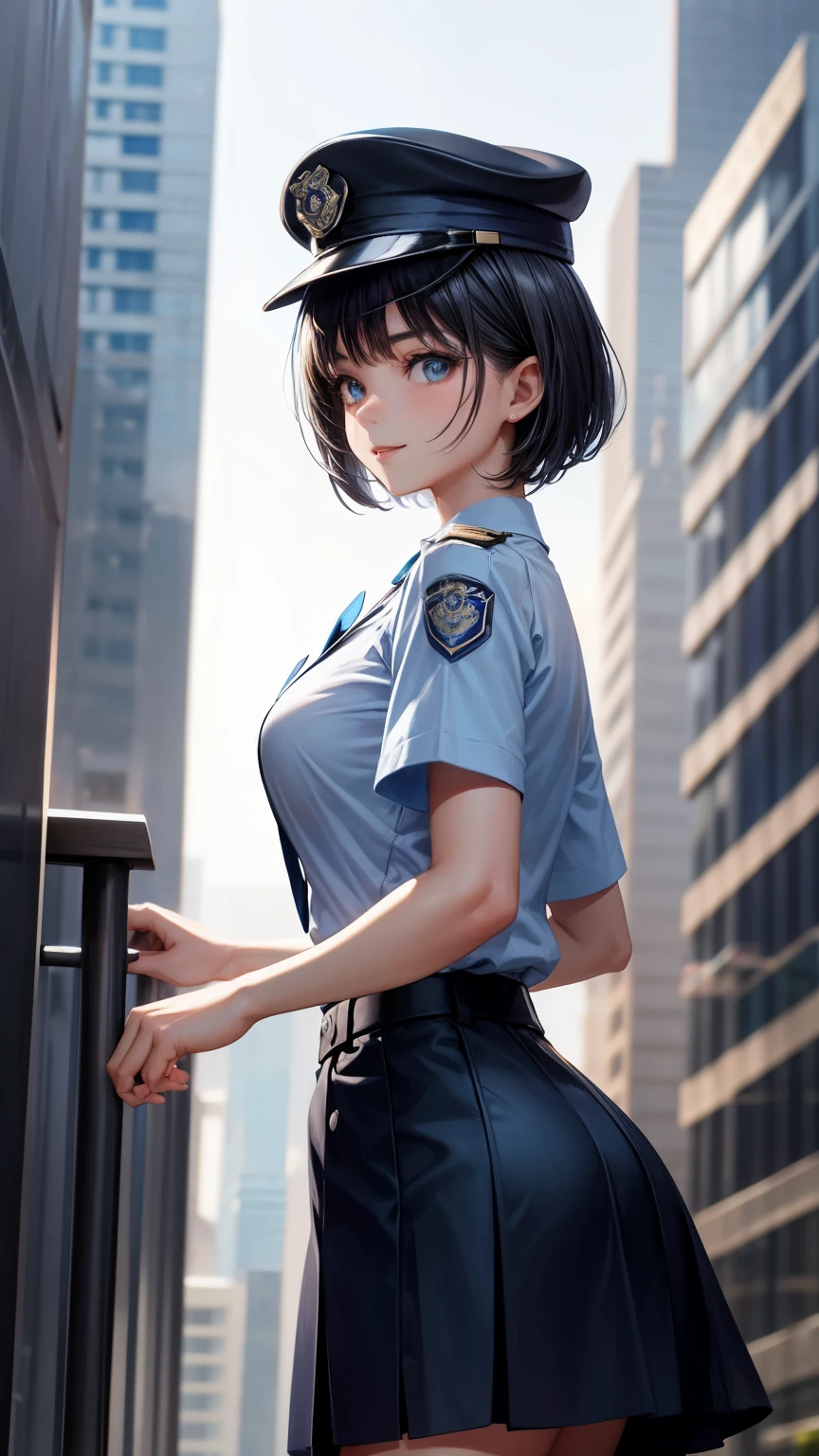 highest quality, masterpiece, 1 girl, light smile, dramatic lighting, from below、police uniform、Light blue short-sleeved shirt、black tie、Police Officer Cap、navy blue mini skirt、cleavage、silver short hair、Miniskirt Police、Skyscrapers