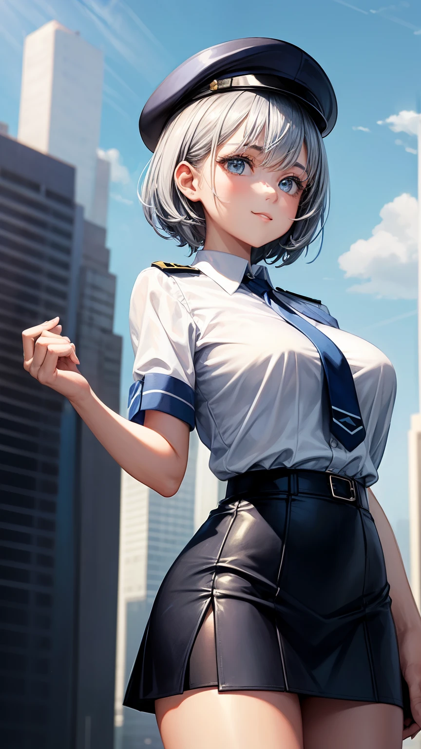 highest quality, masterpiece,  1 girl, light smile, dramatic lighting, from below、police uniform、Light blue short-sleeved shirt、black tie、Police Officer Cap、navy blue mini skirt、cleavage、silver short hair、Miniskirt Police、Skyscrapers