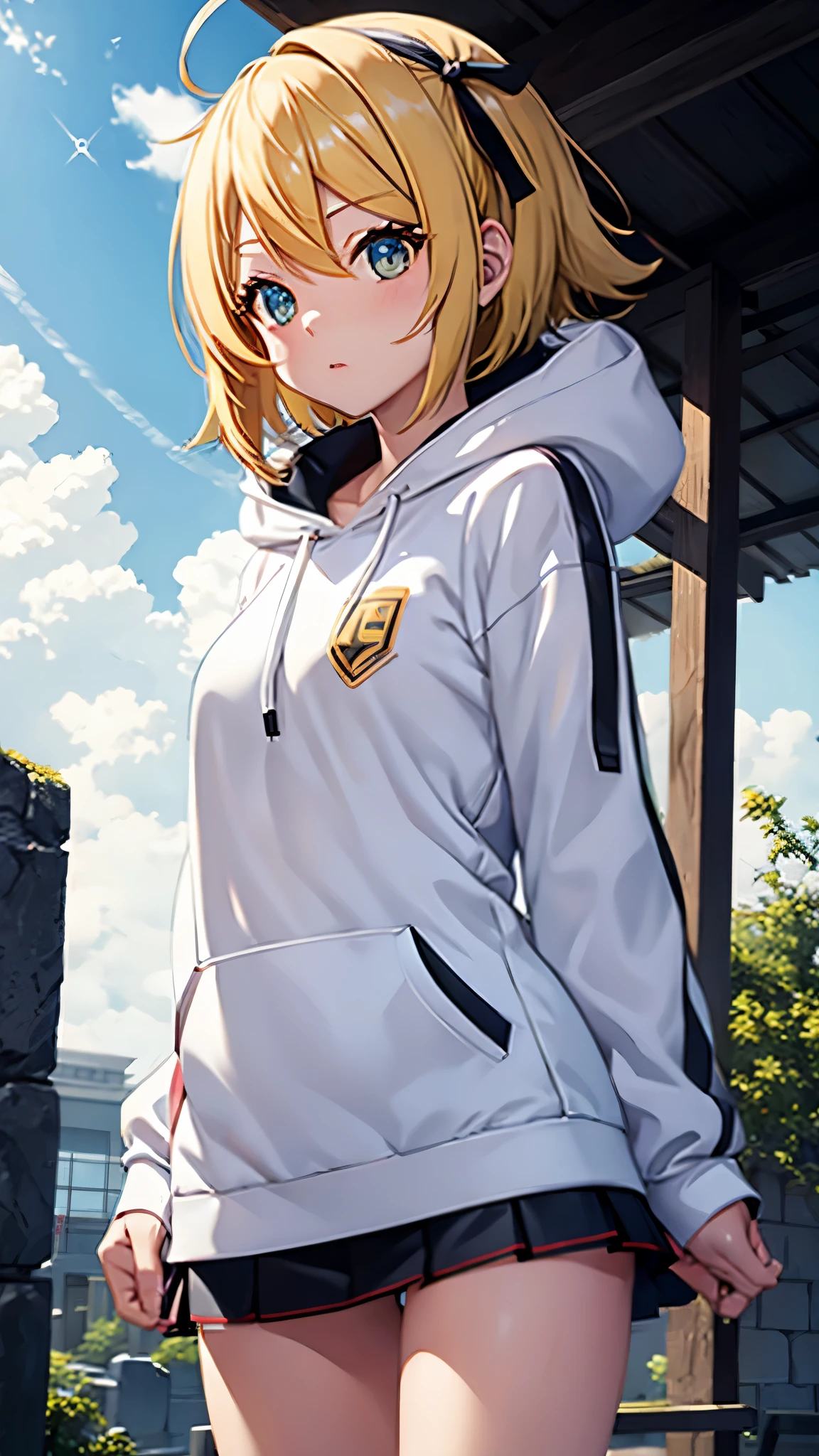 Kagamine rin , 1 girl , wearing a red hooded sweater , white miniskirt with gold horizontal lines , viendo al espectador , bragas visibles , rostro seductor ,(imagen de ultra alta calidad 8k ) obra maestra ( high-definition picture ) , maximum image resolution , ( detalles de la imagen bien definidos )