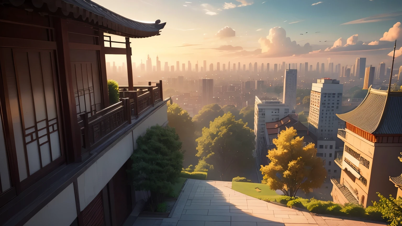 depicts a yellow sky with the sun hidden behind clouds, only a small portion visible. In the center of the picture stands a Chinese-style building, surrounded by green trees and gray city walls. To the right of the building, several high-rise buildings can be seen. The scene conveys a sense of the traditional merging with the modern in Chinese cities, showcasing the beauty of both old and new architecture,completing the stable diffusion of serenity and contentment,masterpiece, best quality