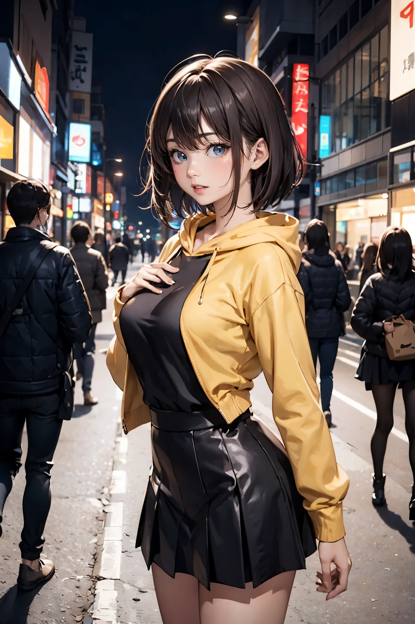 Adult beauties、20-year-old、Japanese、perfect face, beautiful and symmetrical face:1.2、beautiful face:1.2、beautiful eyes:1.2、dark brown hair,short cut hair,brown eyes,smaller head、ideal ratio body proportions、skinny,slender body,medium breasts,casual fashion、yellow hoodie、underboob、micro mini skirt、pleated skirt、bustling street、outdoor、night、neon、Tokyo、

