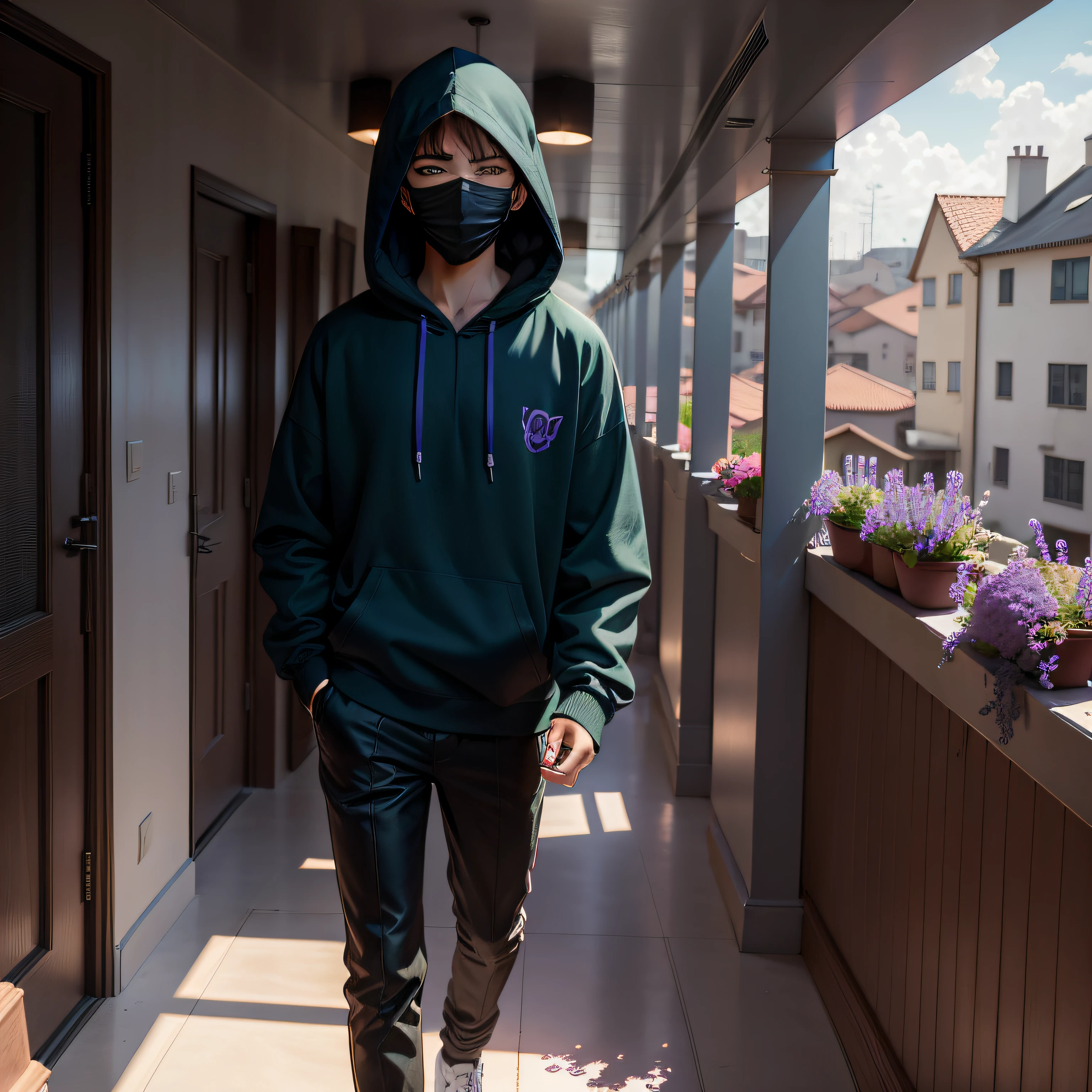 adolescente saindo de casa para um corredor ao ar livre, sacada, lavender Flores, Brilhante, vibrante, Flores, 1 homem, adolescente, um casaco com capuz, black mask, widescreen, anime, verde, azul, ((alta qualidade)), ((alto detalhe))