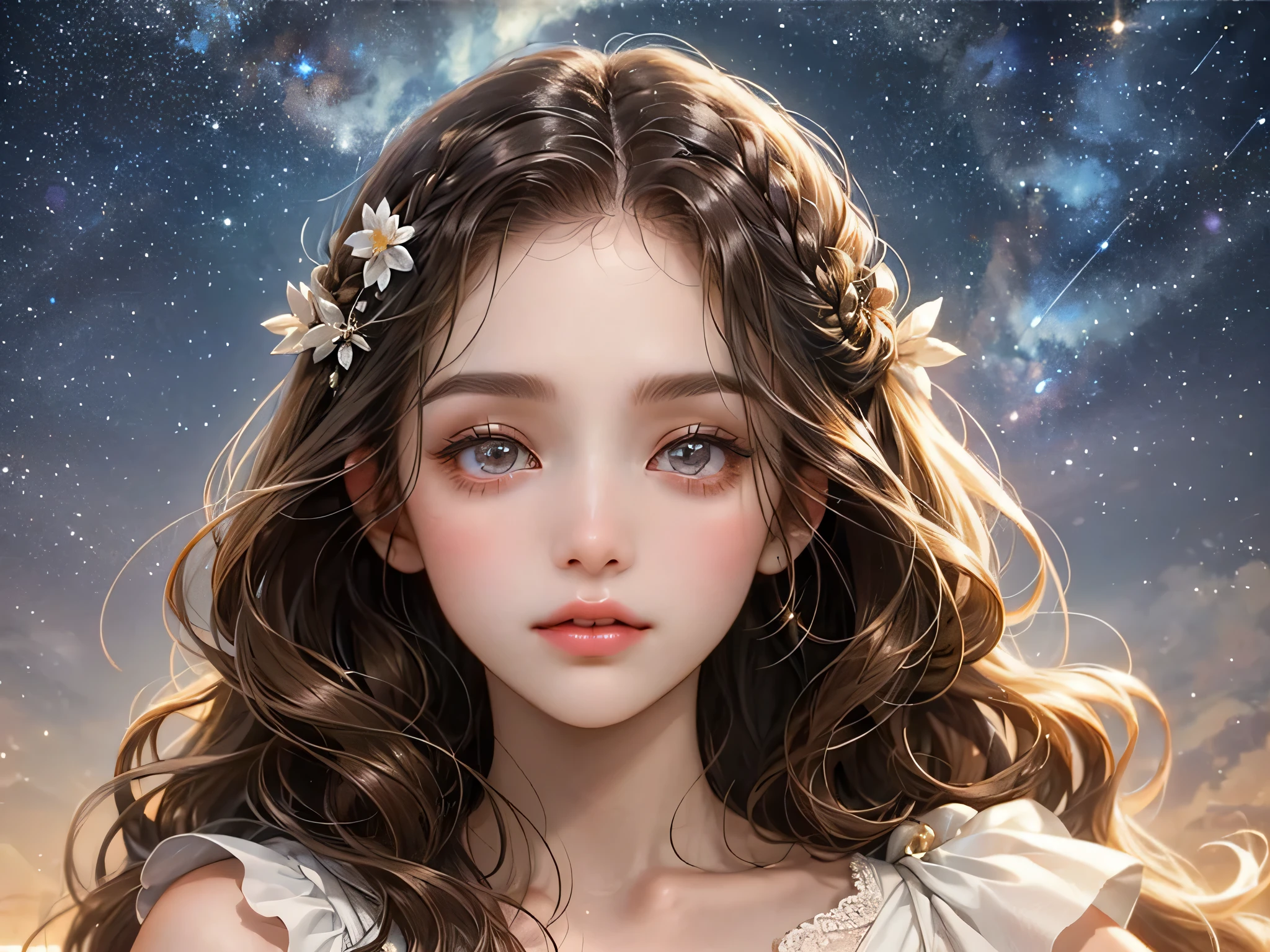 1  ，face close-up，Chubby little face，big round eyes，curls，long hair，Q版avatar，Lovely，cute style，Exquisite and delicate，avatar，Head close-up，starry sky background，soft light