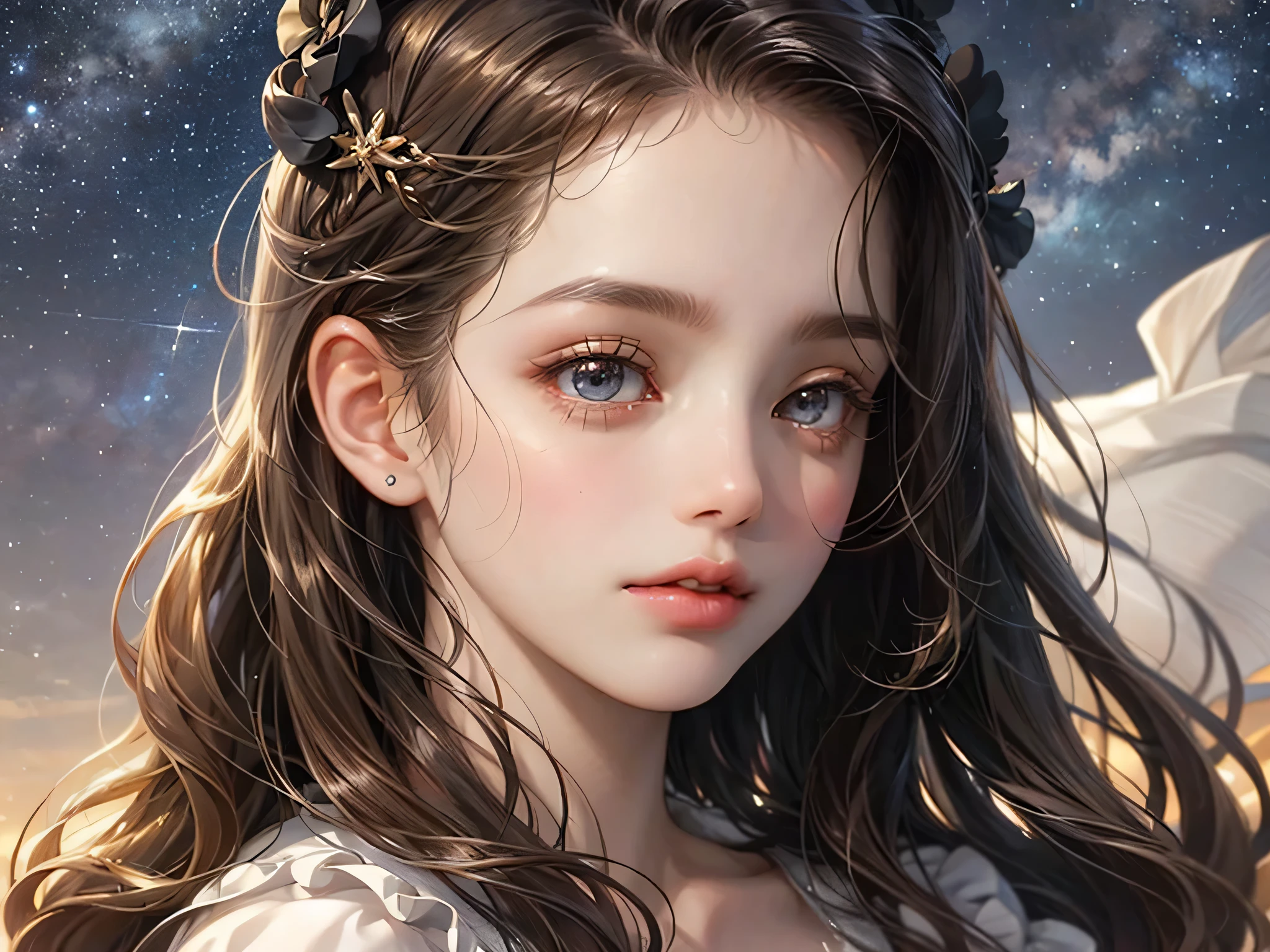 1 year old ，face close-up，Chubby little face，big round eyes，curls，long hair，Q版avatar，Lovely，cute style，Exquisite and delicate，avatar，Head close-up，starry sky background，soft light