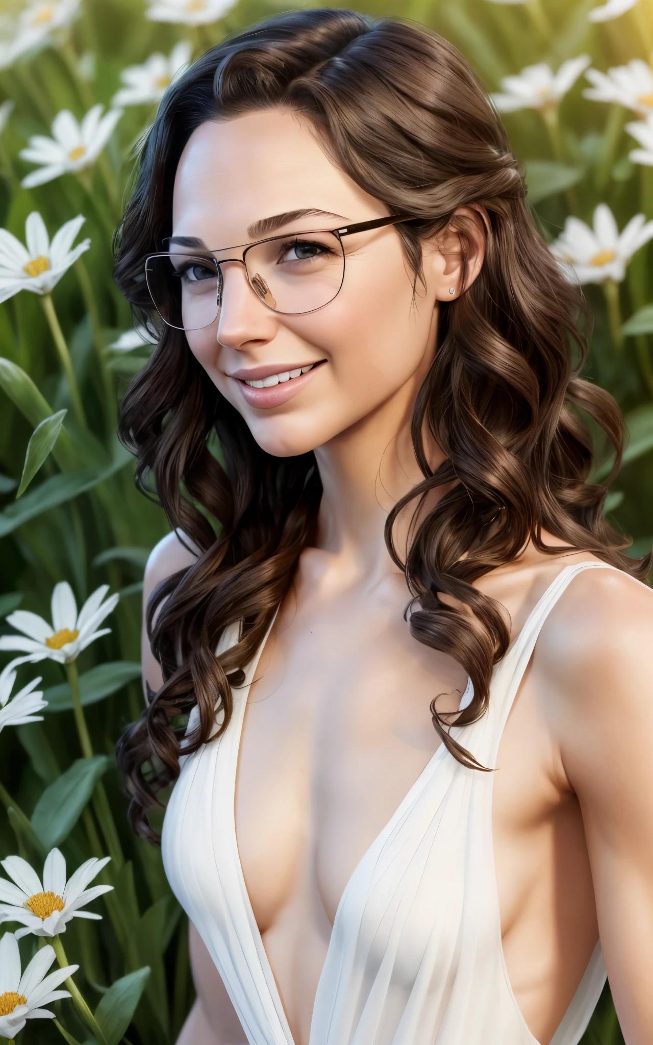 (Gal Gadot:Evangeline Lilly), (looking at viewer, light smile, ), brown hair, brown eyes,  long hair, hair_flying, Fluttering hair, flying_hair, ((Transparent glasses, glasses, glasses_on_nose)), ((white dress)), (downblouse), (no bra), sexy, charming, stunning,  enhance, delicate, (pale skin, real_skin), sunlight, spring, field of flowers, (flowers in the hair), outdoor, best quality, high quality, highres, 8k, photo realistic.
