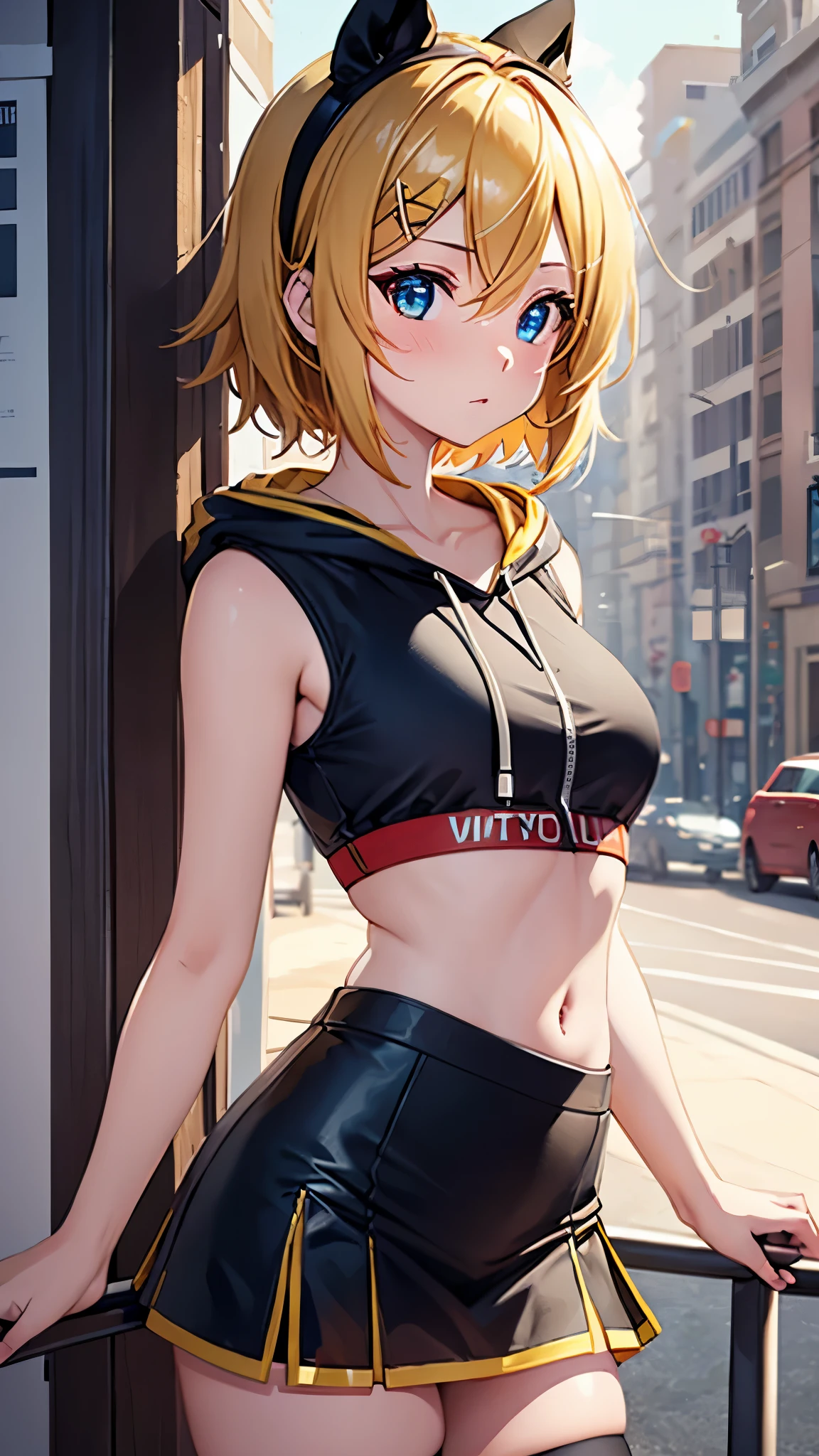 Kagamine rin , 1 girl , wearing a red hooded sweater , white miniskirt with gold horizontal lines , viendo al espectador , bragas visibles , rostro seductor ,(imagen de ultra alta calidad 8k ) obra maestra ( high-definition picture ) , maximum image resolution , ( detalles de la imagen bien definidos )