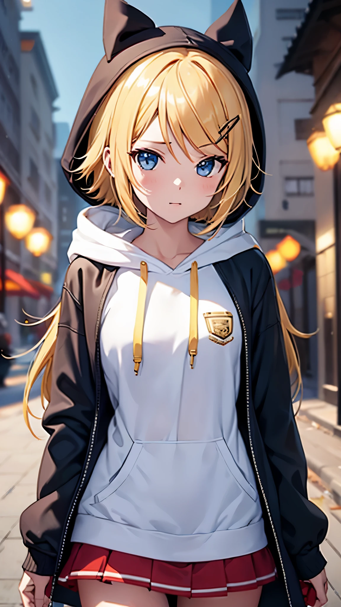 Kagamine rin , 1 girl , wearing a red hooded sweater , white miniskirt with gold horizontal lines , viendo al espectador , bragas visibles , rostro seductor ,(imagen de ultra alta calidad 8k ) obra maestra ( high-definition picture ) , maximum image resolution , ( detalles de la imagen bien definidos )