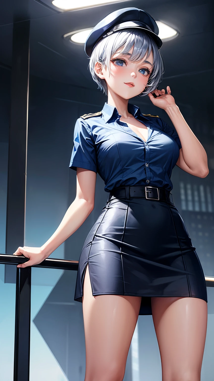 highest quality, masterpiece, 1 girl, light smile, dramatic lighting, from below、police uniform、Light blue short-sleeved shirt、black tie、Police Officer Cap、navy blue mini skirt、cleavage、silver short hair、Miniskirt Police、Skyscrapers