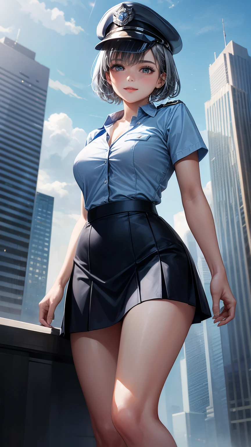 highest quality, masterpiece,  1 girl, light smile, dramatic lighting, from below、police uniform、Light blue short-sleeved shirt、black tie、Police Officer Cap、navy blue mini skirt、cleavage、silver short hair、Miniskirt Police、Skyscrapers