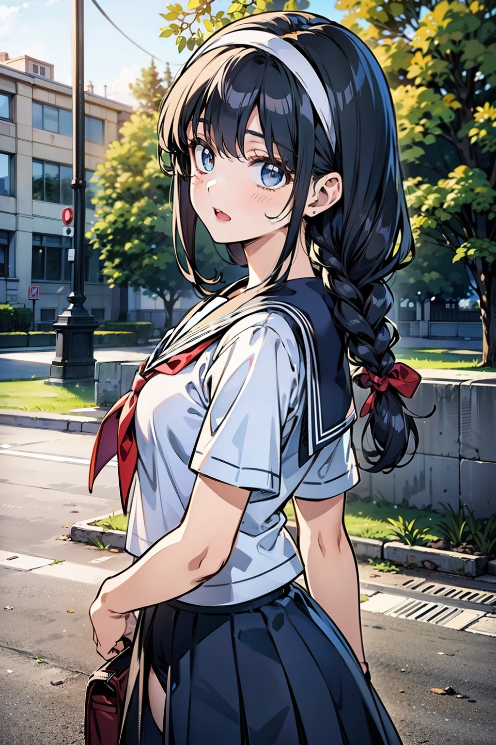 Body 8 times longer than head, (High-definition CG Unity 8K), (highest quality)，(very detailed)，(ultra high resolution), black hair, High school girl wearing a navy sailor suit, anime 2d rendering, realistic young anime , ((white headband)), small breasts, tall, slanted eyes, (school scenery), black stockings, during the day, open your mouth a little, Dark blue skirt, braid hair,  Skip, 