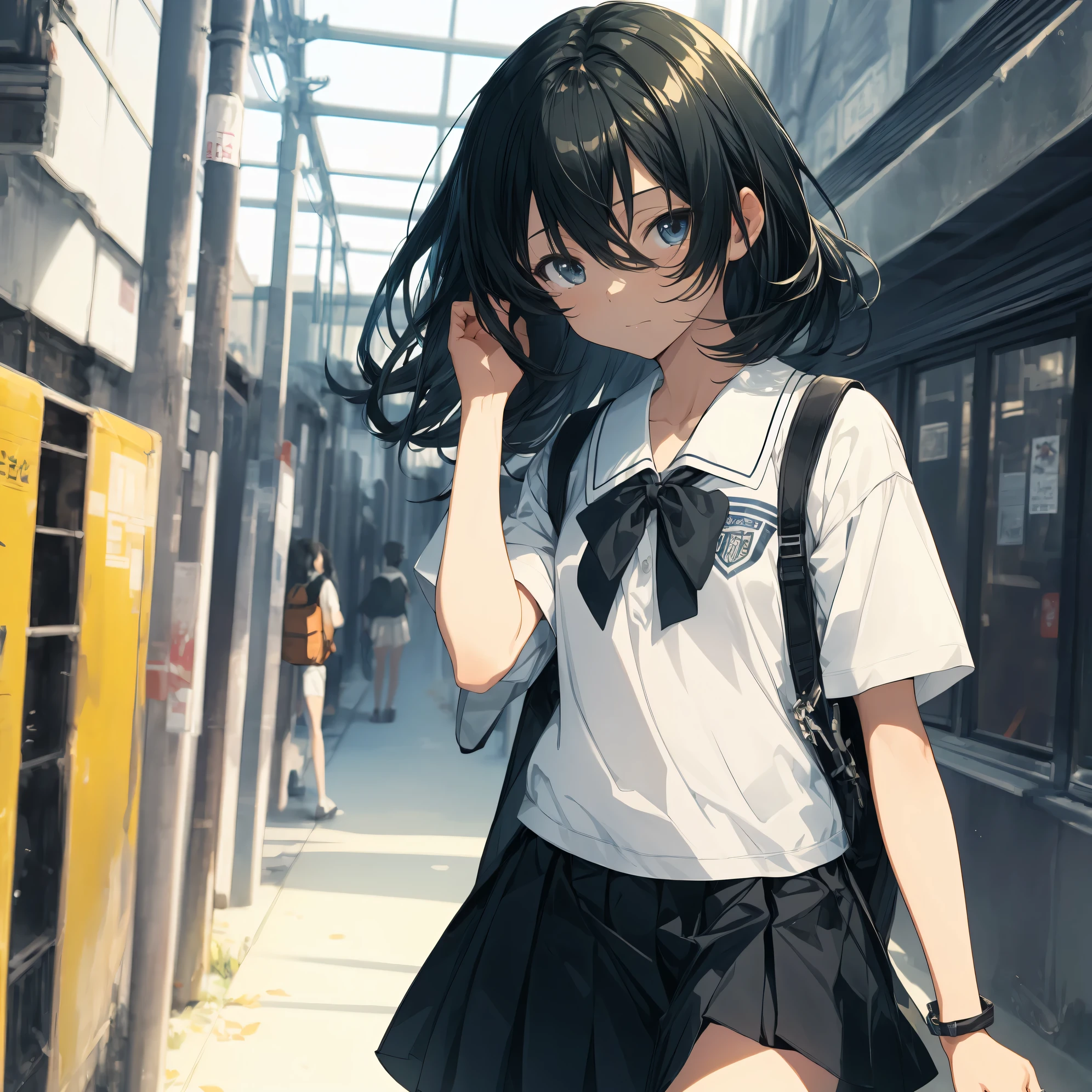 Super high quality by the art god, super detailed, High resolution, Shinkai Makoto style, anime moe art style, best anime 8K konachan wallpaper, pixiv contest winner, perfect anatomy, break,(眠そうにalone学校へ行く女の子を描いてください. ),break, surreal high school girl, (alone,lolita, , 13 years old:1.3),All limbs, full finger,, androgynous charm, (very short hair), messy hair, flat chest, , small ass, between legs, Small black eyes,hanme,beautiful and fine eyes, Well-proportioned iris and pupils, disgusted eyes, High resolutionの詳細な髪, wearing school uniform, (skirt), On the way to school. break,super dense skin, Best lighting by famous artists, 8K, figure,UHD, rough skin