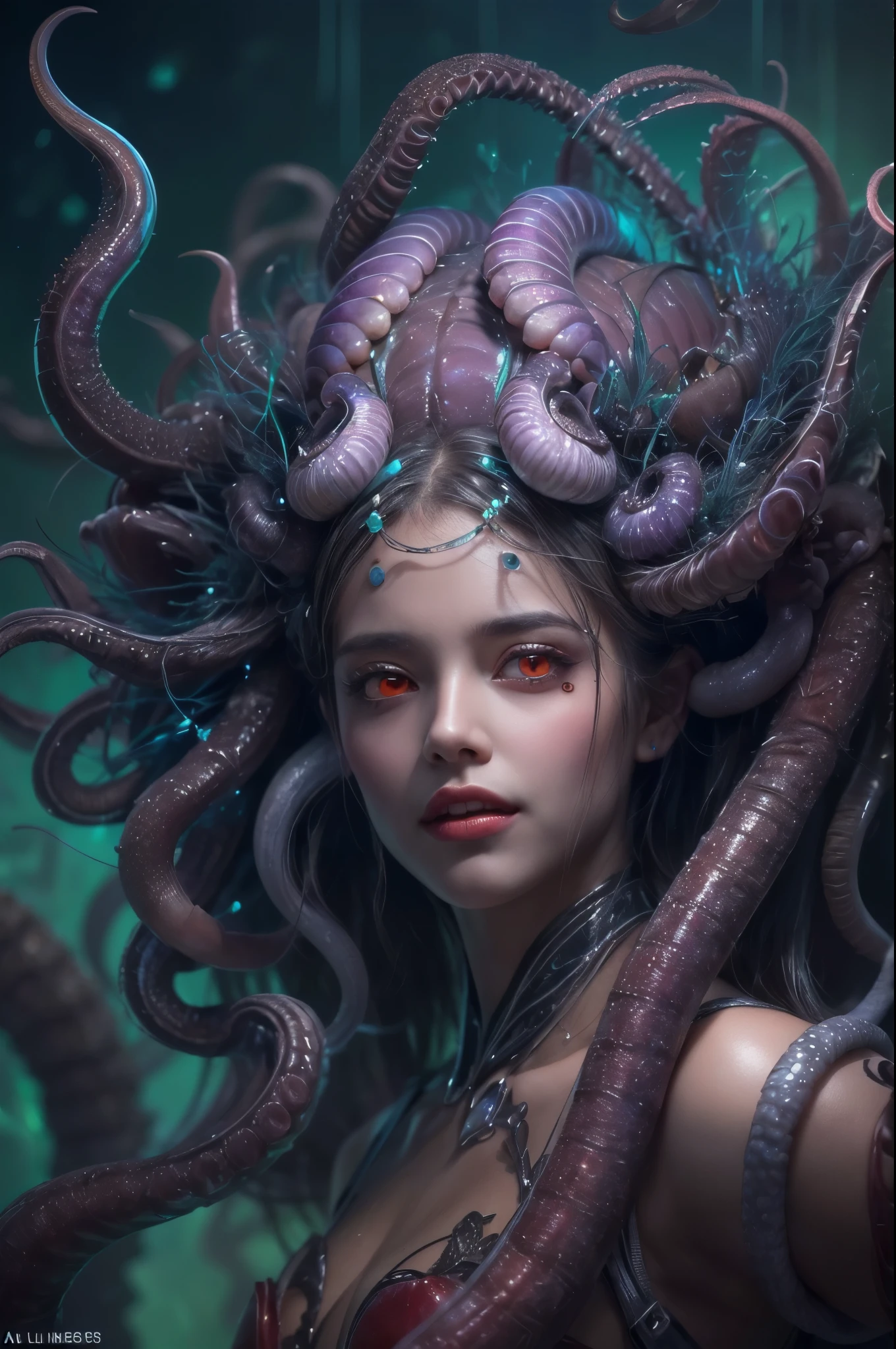 (1 beautiful and obscene female alien in the water of the deep sea:1.4), (There is a female genital-like organ in the middle of her forehead:1.95), She has medusa-like hair, (there are lots of translucent tentacles from her head like her hair:1.5), (vulgarity1.7), (she is looking down at viewers with glowing red eyes with no pupils:1.6), (She has translucent pale skin:1.4),(She has the most beautiful face in the history of the universe:1.2), (She has multiple bioluminescent organs on the side of her tentacles:1.4), (Her body is covered with an iridescent exoskeleton:1.4), (She is showing her arm pits:1.6), an evil gaze that seduces, (looking down at viewers:1.4),(Vampire-like long canine teeth can be glimpsed through the gap between the cute lips:1.4) (bio luminescent:1.4), (Smile wickedly:1.3), (sexypose:1.4), alien, No humans, cells are fused, extraterrestrial, cell, bio image, ultra high resolution, (photos realistic:1.7), (Numerous award-winning masterpieces, with incredible detail, textures and maximum detail), Dramatic Lighting, cinematic quality, (exquisite details:1.2), High freshness, drawing faithfully, (Thick eyebrows:1.2), Beautiful eyes with fine symmetry,(Highly detailed face and eyes:1.2),(Super detailed skin quality feeling:1.4), perfect anatomy, (Beautiful toned body:1.5), (Moist skin:1.2), not wearing makeup, (dark circles:1.1), long canines, cinematic drawing of characters, cinematic quality, (exquisite details:1.2), high resolution, High freshness, drawing faithfully, official art, Unity 8K Wall paper, ultra detailed artistic photography, midnight aura, unreal engine 5, Ultra Sharp Focus, art by Amano Yoshitaka, ArtGerm, ultra realistic realism, dream-like, Creation of fantasy, dream Snail, (biopunk nautilus:1.3),Thrilling color schemes, seductively smiling, Amazing mutation, well-proportioned body, goddess of the deep sea, fractal, Geometric pattern, impossible figures, subtle emerald green accents, (expression of ecstasy:1.5)