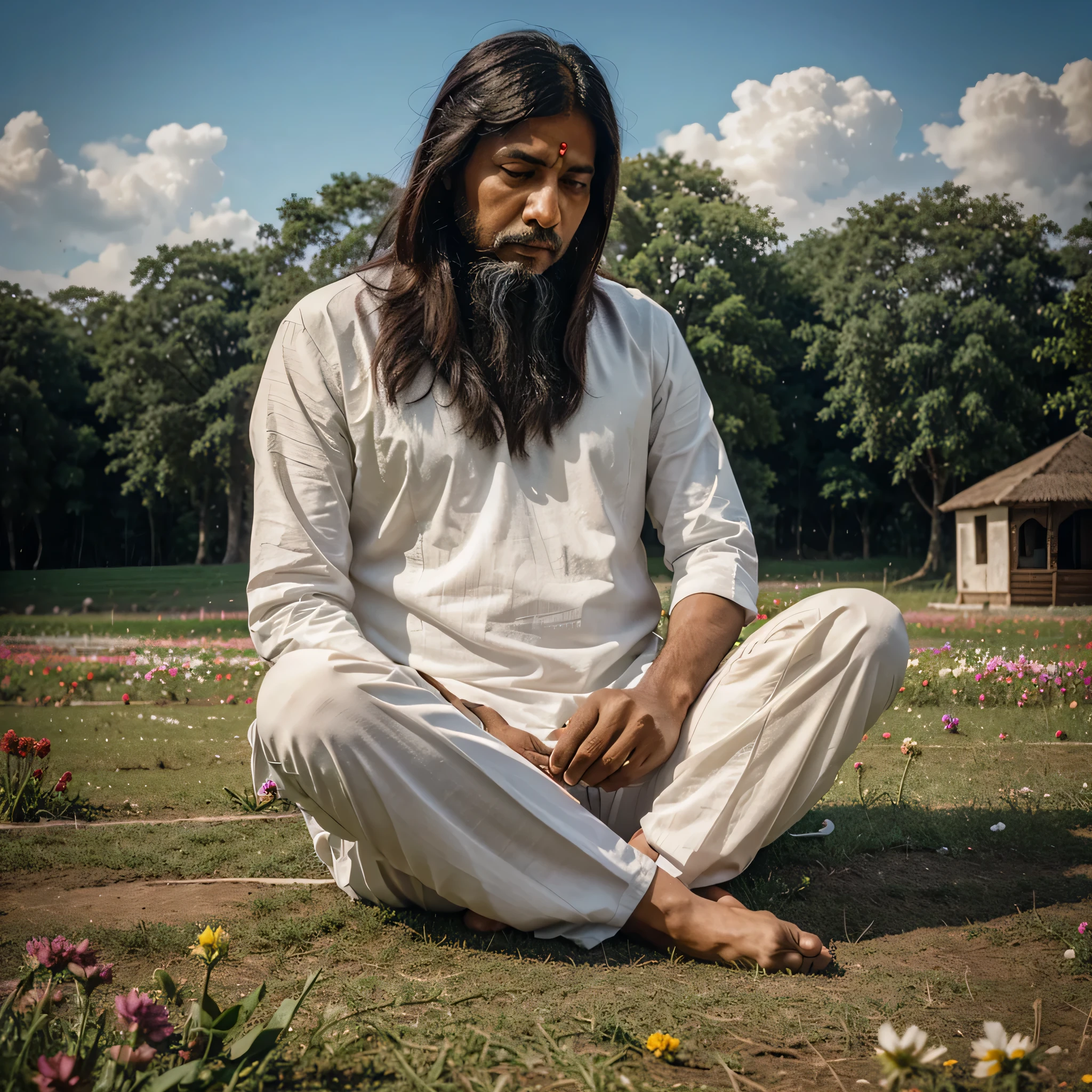 an Indian guru sitting to the side and in the background contemplates the landscape in front of him which is a field of flowers, realista, detalhado, photographic, 8k