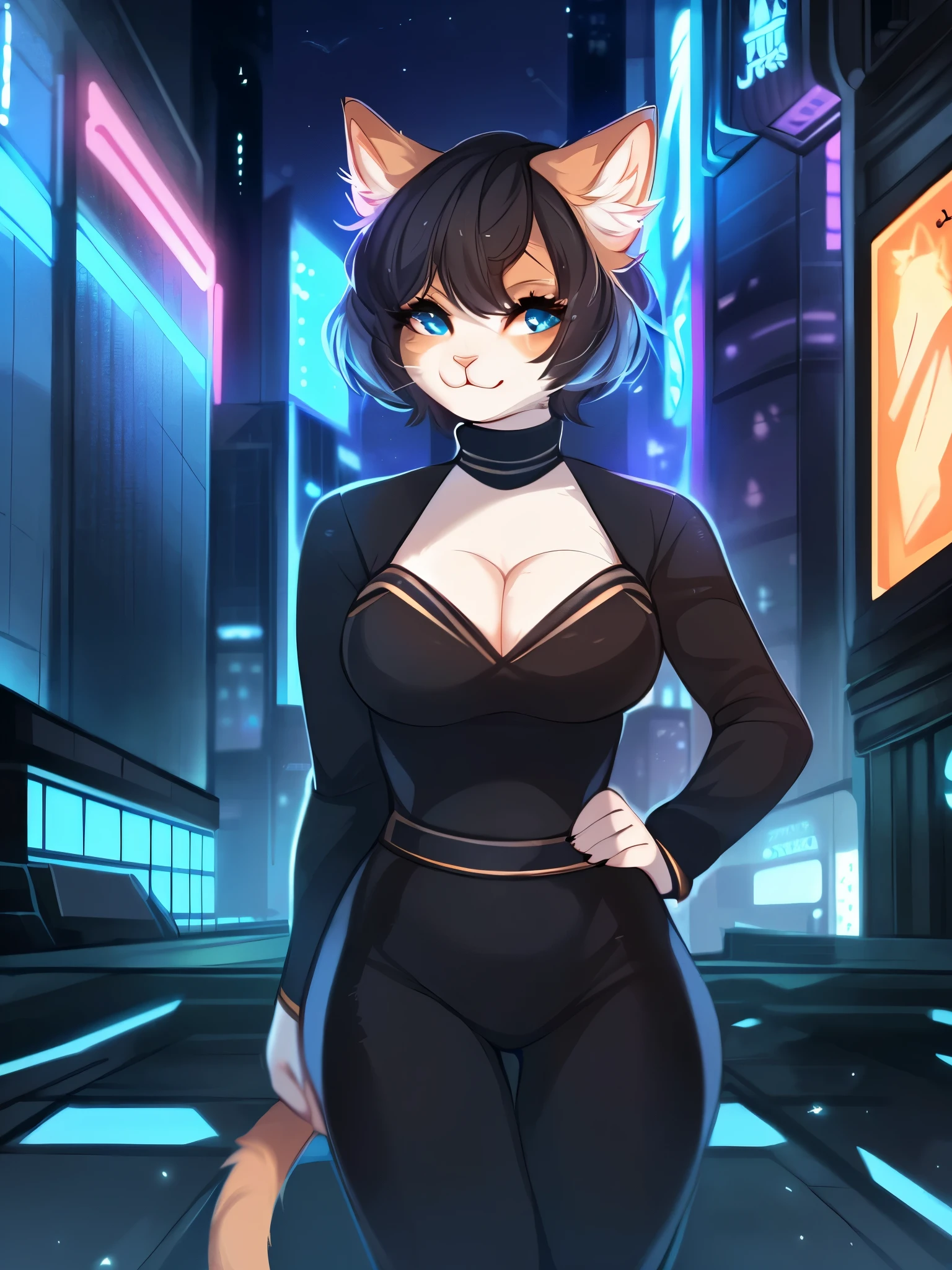 by mellonbun, by spuydjeks, solo, female, standing, ((snout, hair, hair, feline, cat)), detailed eyes, sci-fi city, ((designer clothes, armani, cleavage)), turtleneck