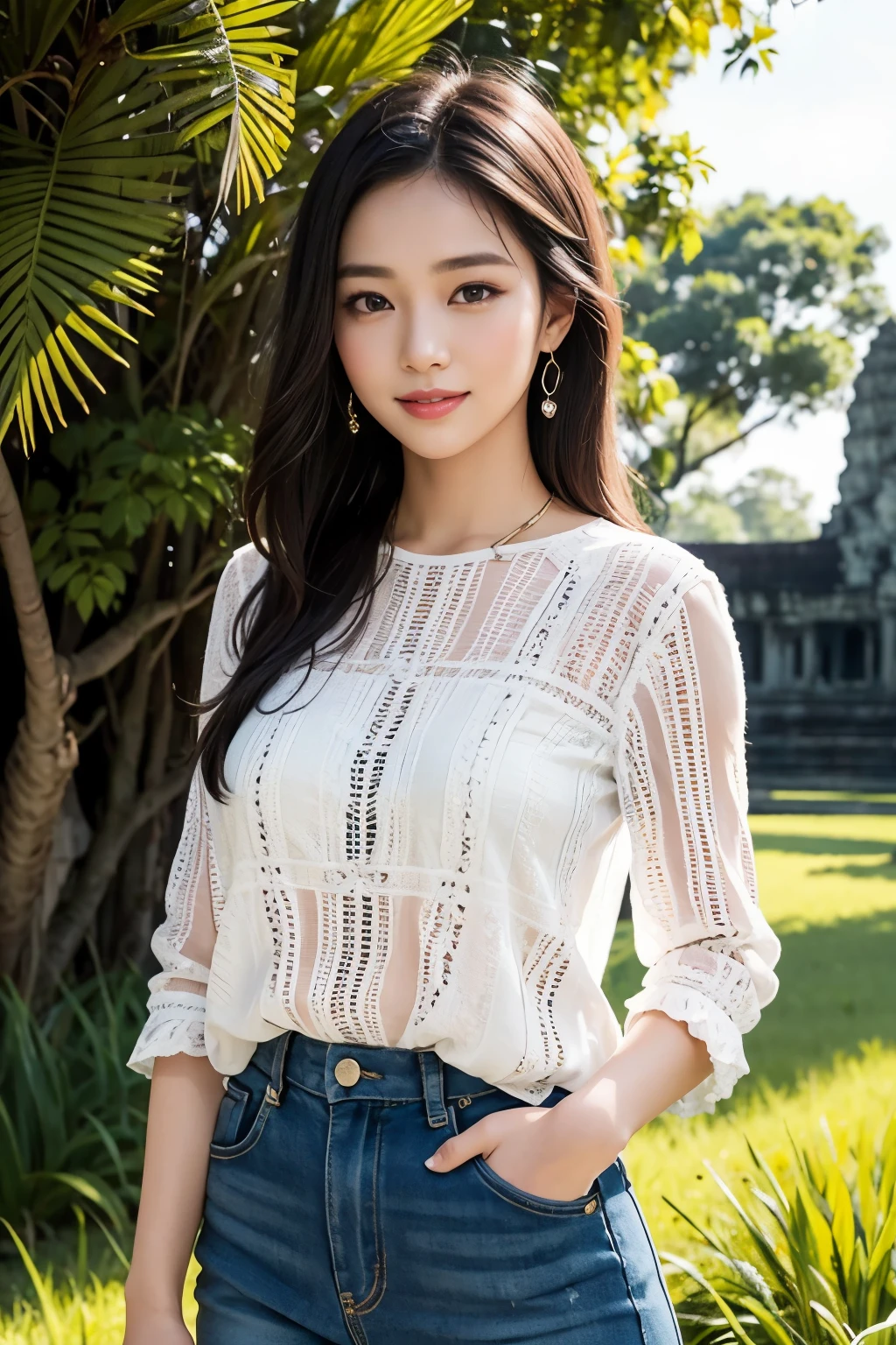 A beautiful 26-year-old woman, with a radiant smile, stands near Angkor Wat rice field in Cambodia. Her stylish realistic features gleam in the sunlight, highlighting her captivating beauty. The background showcases the lush greenery of the rice fields, adding to the serene ambiance of the scene. The woman is dressed in casual attire, blending seamlessly with the surroundings as she takes in the breathtaking view before her. An 8k, photorealistic image captures every intricate detail of her features and the environment, making it a true masterpiece and a testament to the best quality of digital art. The use of soft lighting and a