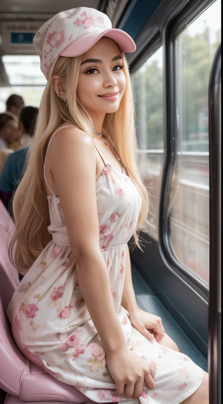 Malay girl very long white shiny hair with double big hair bun with cute cap, wear pastel pink Floral Print backless dress, pink sneakers, full body pose, seating in train, smiling, very long white hair, wear gold necklace, front view, very long wavy white hair, messy hair, hair blown, windy, detail skin, age spot, detail skin texture, mole below eyes, small breast, flat chest, wide hips, small waists, thick thighs, slim abs, beautiful body, morning, laughing, happy, bright lighting, people in train background, inside train background, blur background, bokeh, location: train, 35mm lense, low angle Shot, Deep Focus cinematography effect, Natural Lighting, cool-toned color grading, high quality, ultra detail, 8k resolution, using Canon EOS C700,