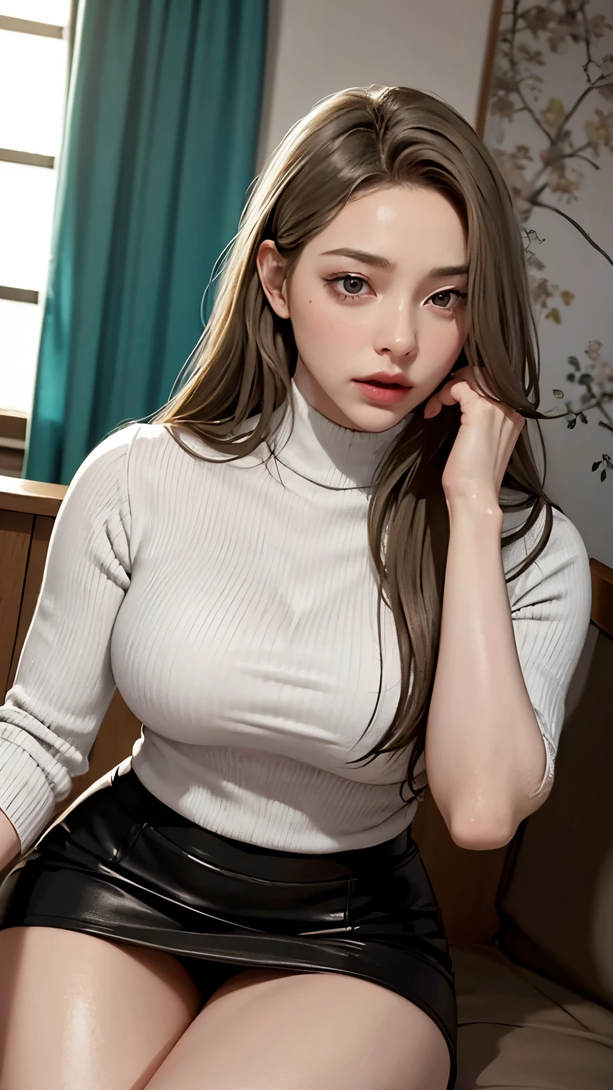Super high quality beautiful woman's face, 19 years old, long hair, Soft light in a beautiful studio, vivid details, beautiful background, octane rendering, 8K, highest quality, masterpiece, An illustration, very determined and beautiful, very detailed, cg, unity , wallpaper, (realistic, photo-realistic: 1.37), wonderful, finely, mastery, highest quality, official art, very detailed cg 8K wallpaper, whole body, sitting、Vertical ribbed turtleneck sweater、big breasts、High waisted black leather mini skirt、
