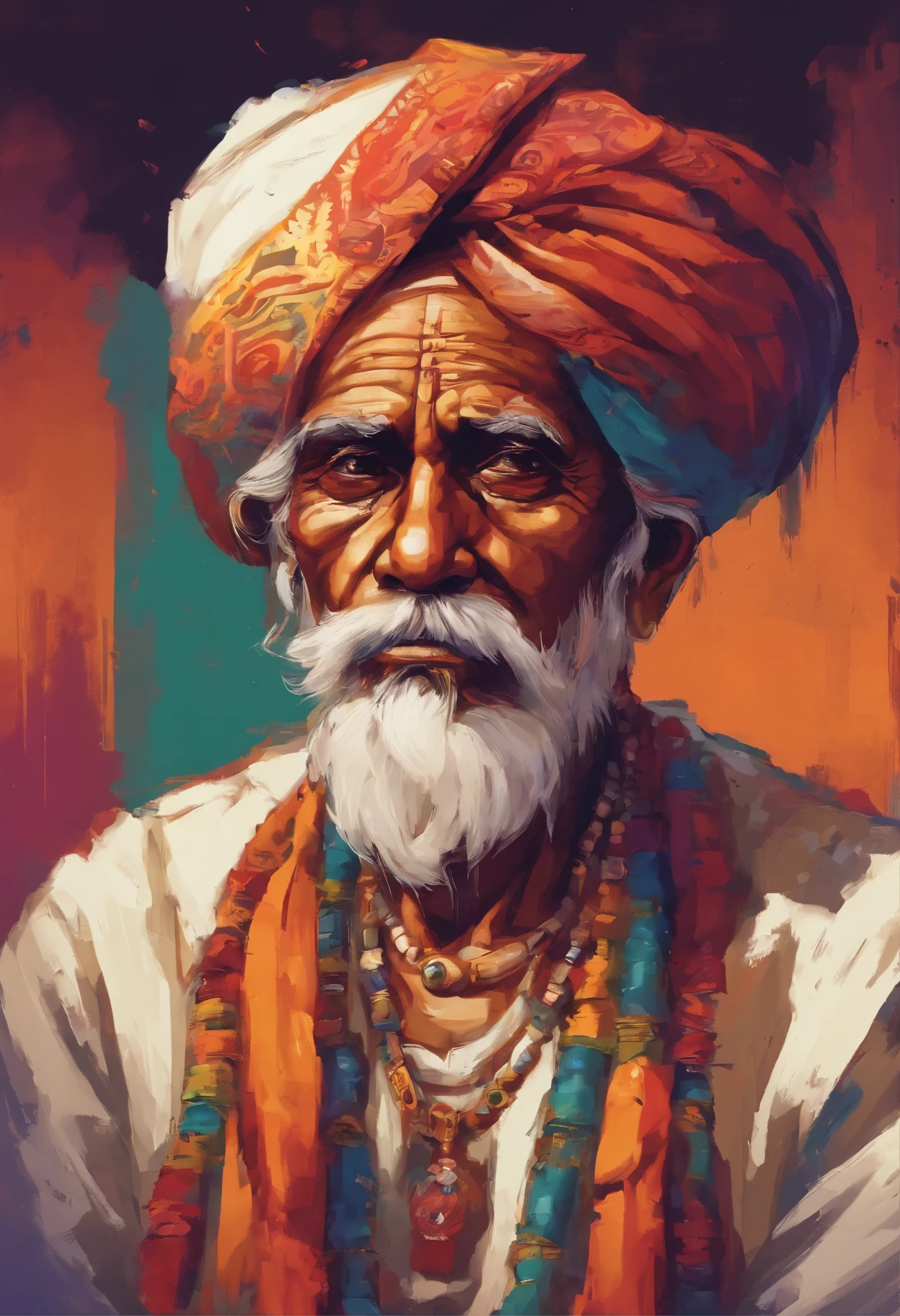 (old indian man:1.1,wearing turban:1.2,white bigger beard:1.1,bigger moustache:1.1,smoking cigar in swag,extremely detailed facial hairs,portrait,half body,medium:oil painting,detailed eyes and face,detailed turban,traditional clothing,aged appearance,royal background,studio lighting,vibrant colors,dignified expression) bhasma on forehead, holding sigarete in hand